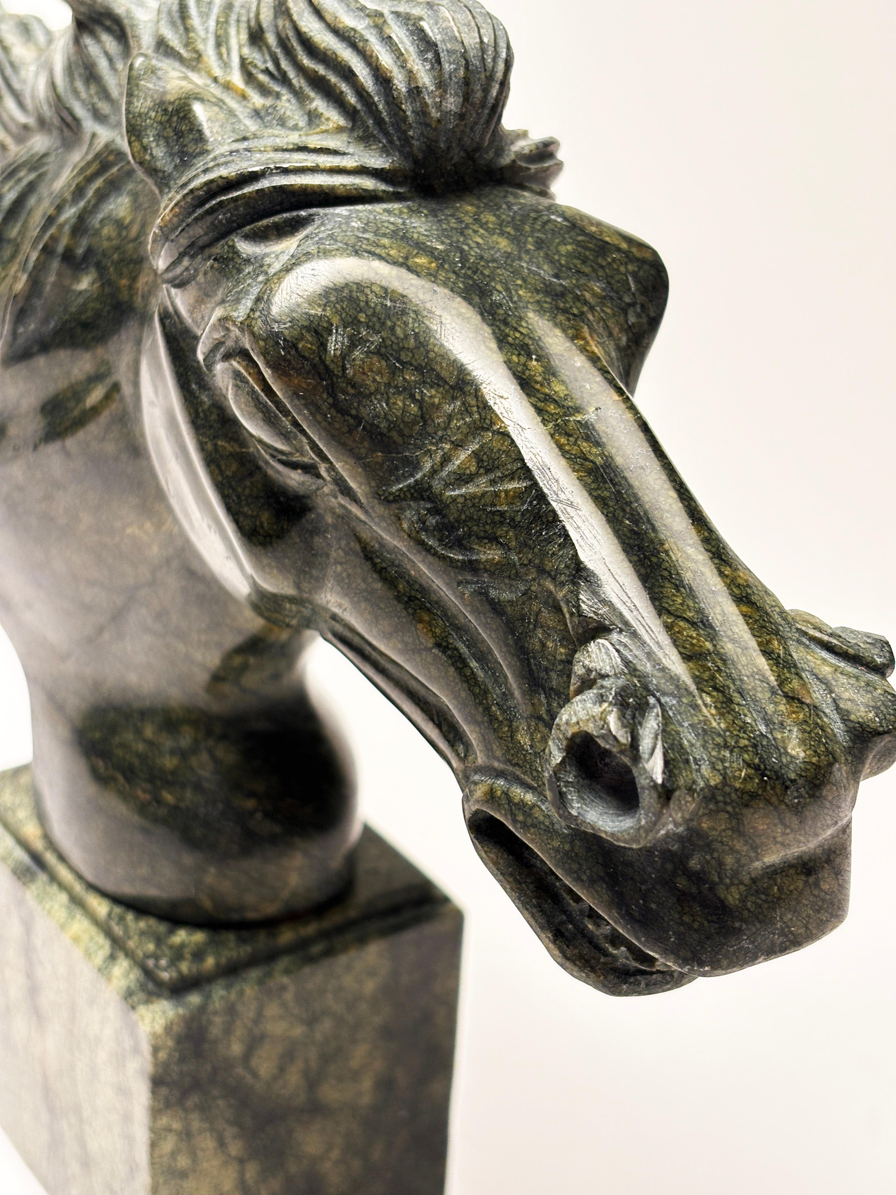 Classical Greek Green Marble Carved Horse Head Sculpture on Marble Base For Sale