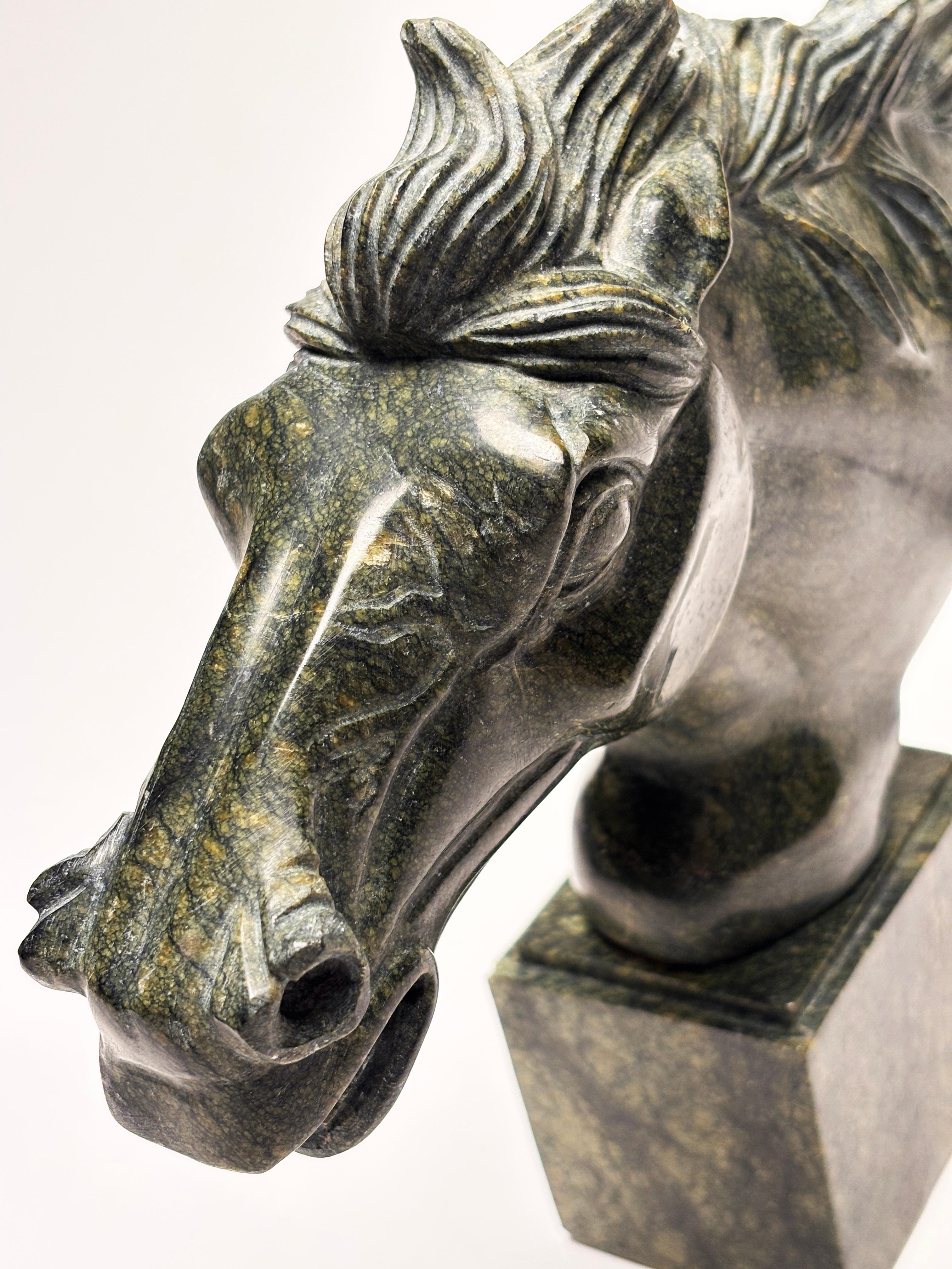 Unknown Green Marble Carved Horse Head Sculpture on Marble Base For Sale
