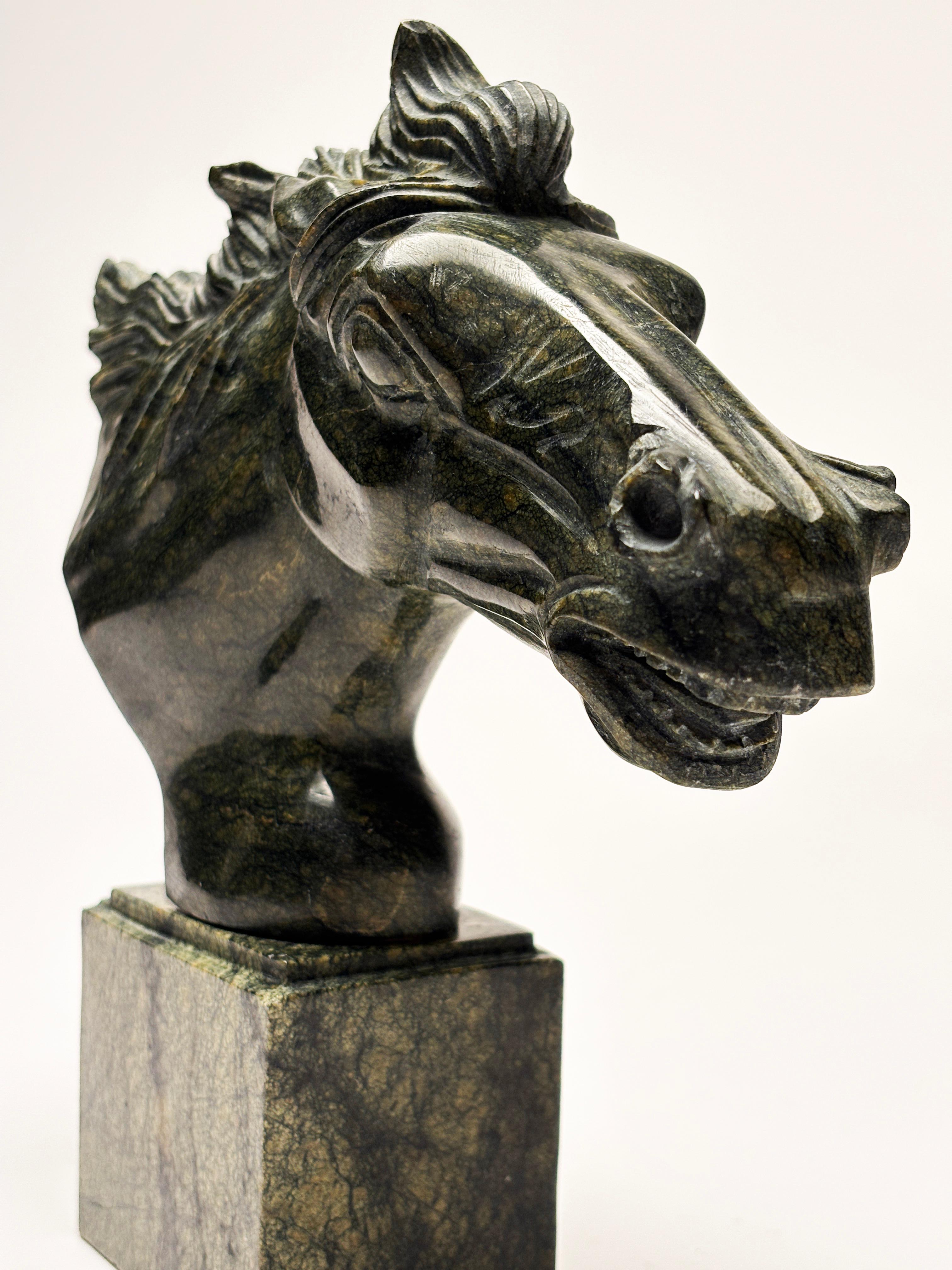 Hand-Carved Green Marble Carved Horse Head Sculpture on Marble Base For Sale