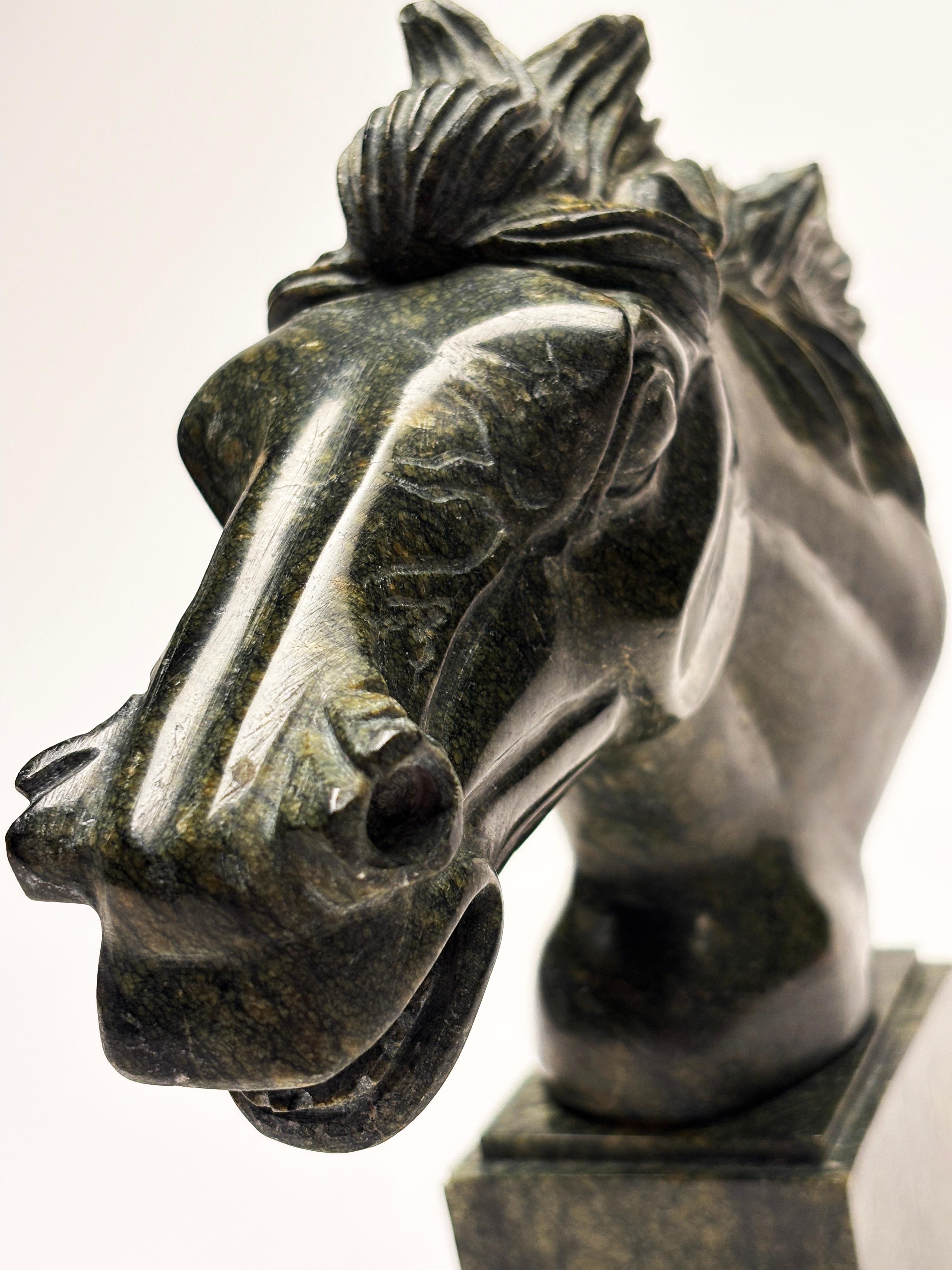 Green Marble Carved Horse Head Sculpture on Marble Base In Good Condition For Sale In Louisville, KY