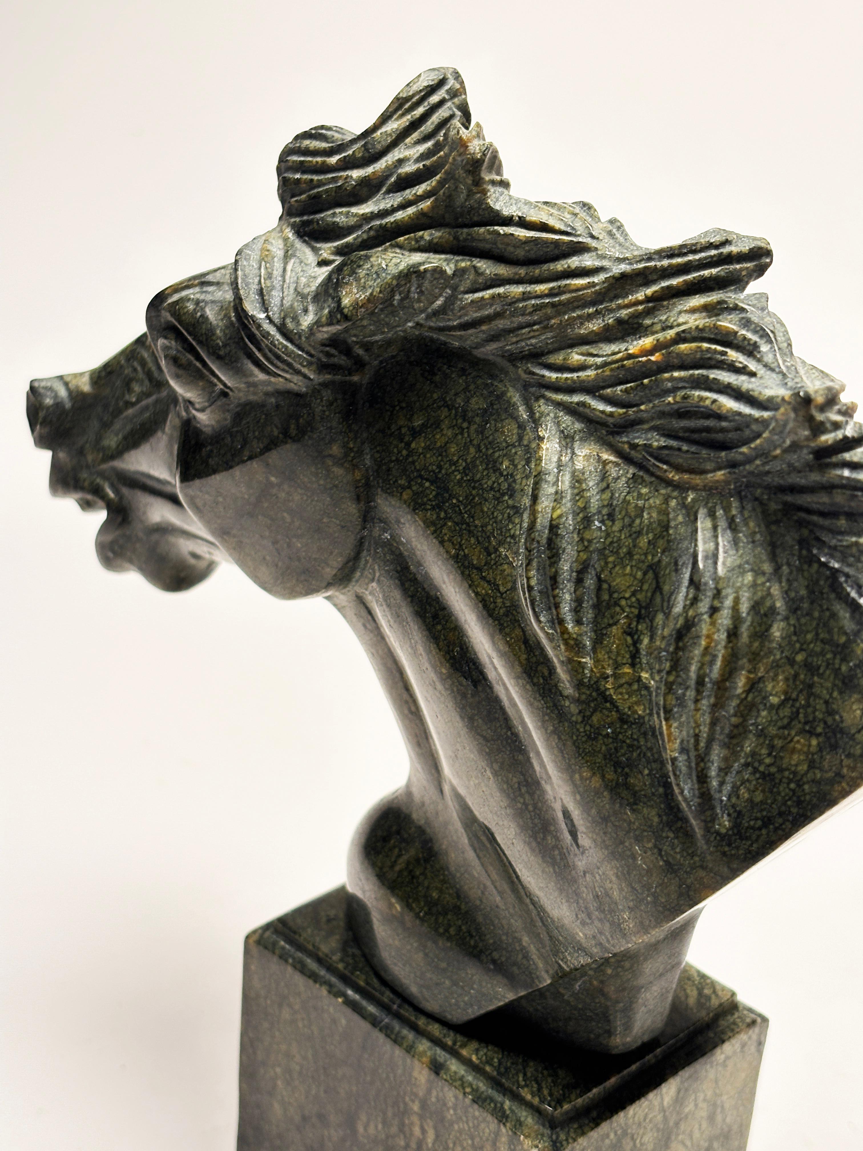 20th Century Green Marble Carved Horse Head Sculpture on Marble Base For Sale