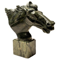 Green Marble Carved Horse Head Sculpture on Marble Base
