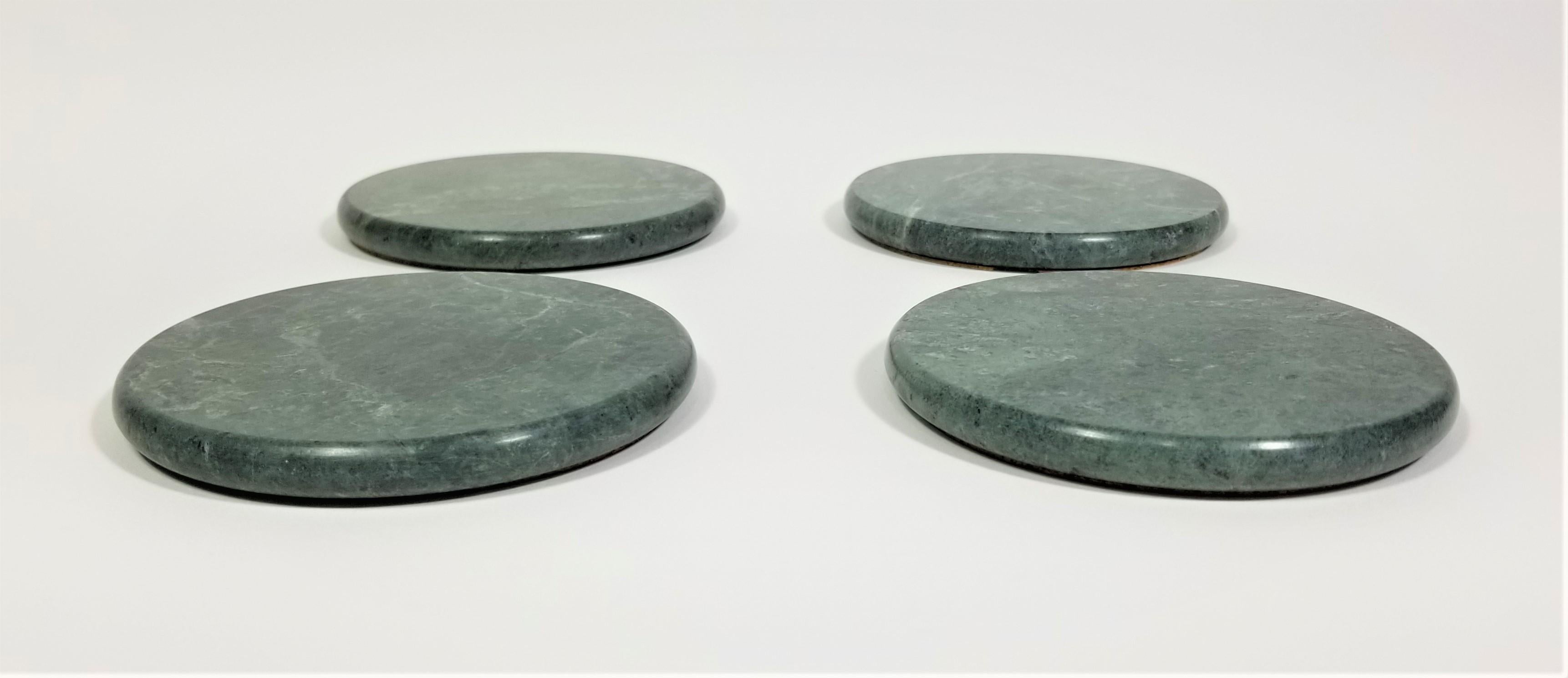 Mid-century 1970s 1980s green marble coaster. Cork bottom protector. Set of 4.