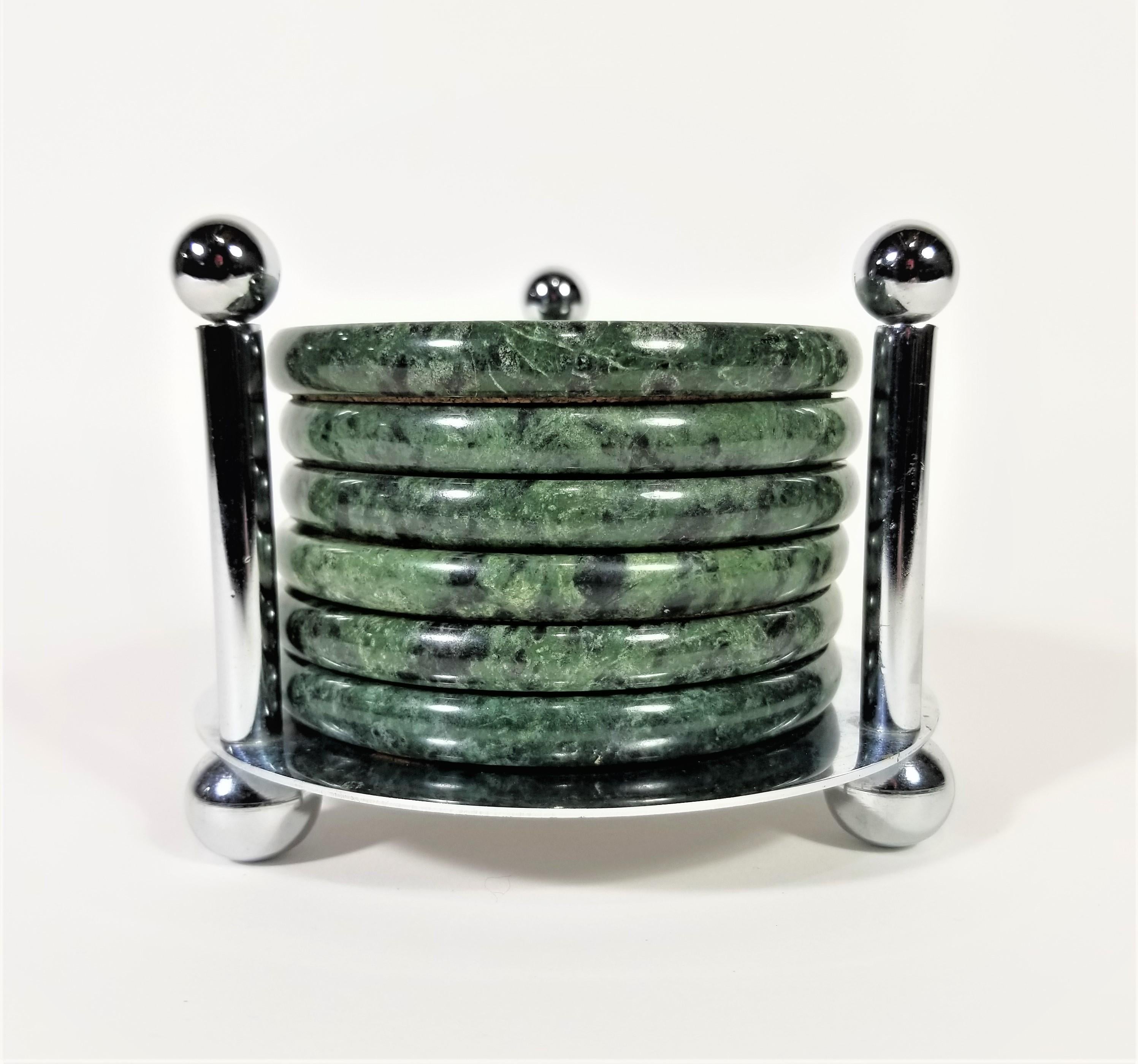 Green Marble Coasters with Chrome Holder Midcentury Set of 6 4