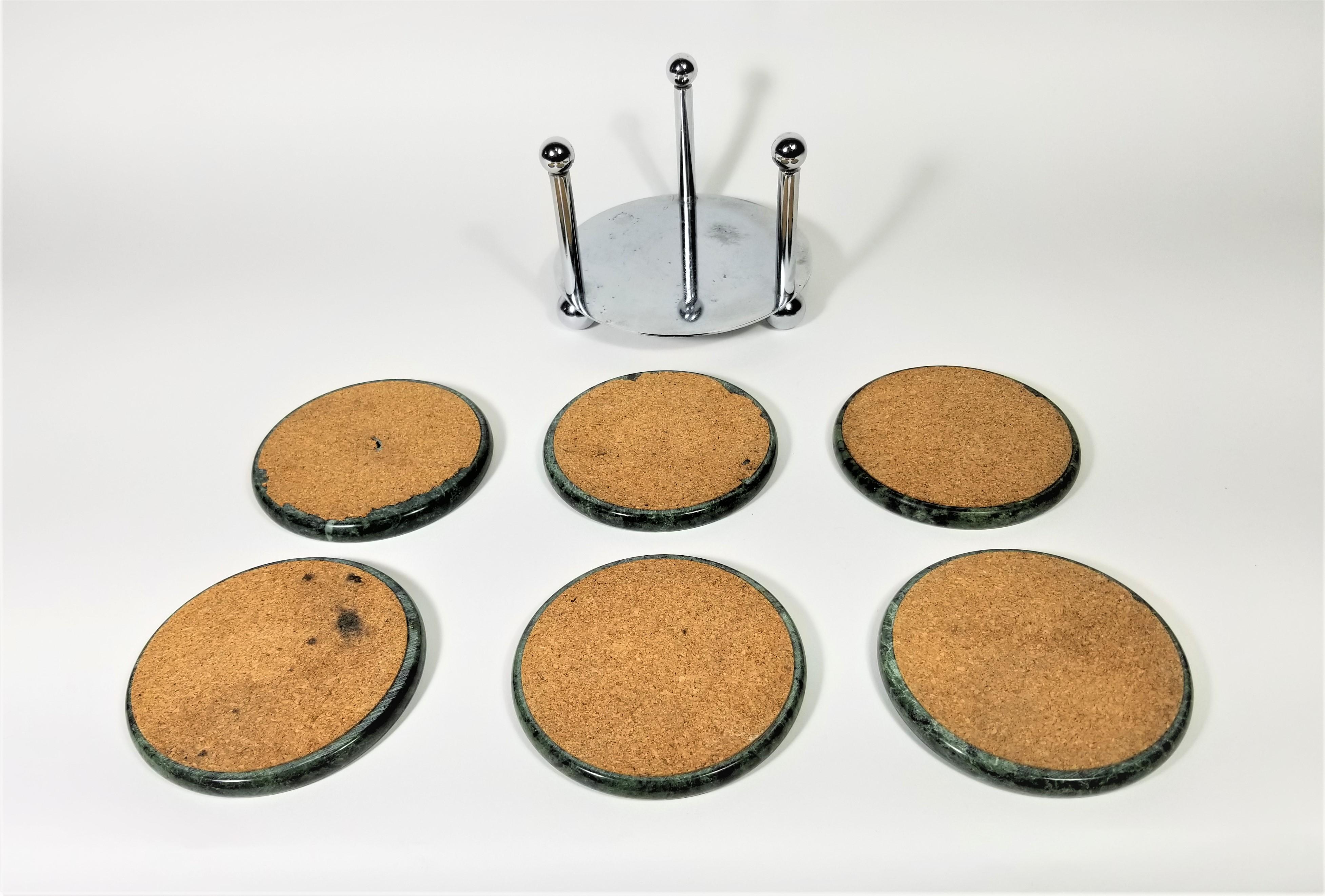 Mid-Century Modern Green Marble Coasters with Chrome Holder Midcentury Set of 6