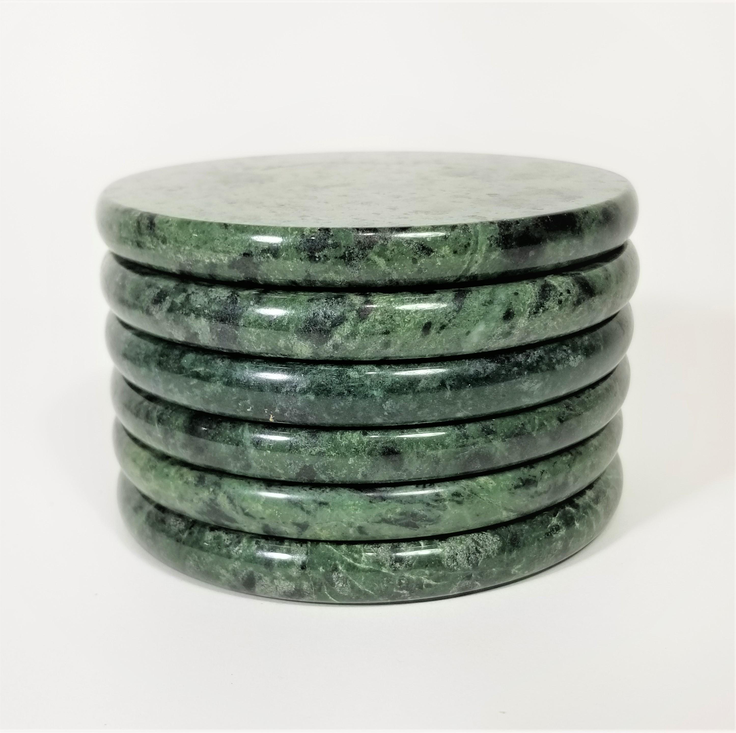 Green Marble Coasters with Chrome Holder Midcentury Set of 6 In Excellent Condition In New York, NY