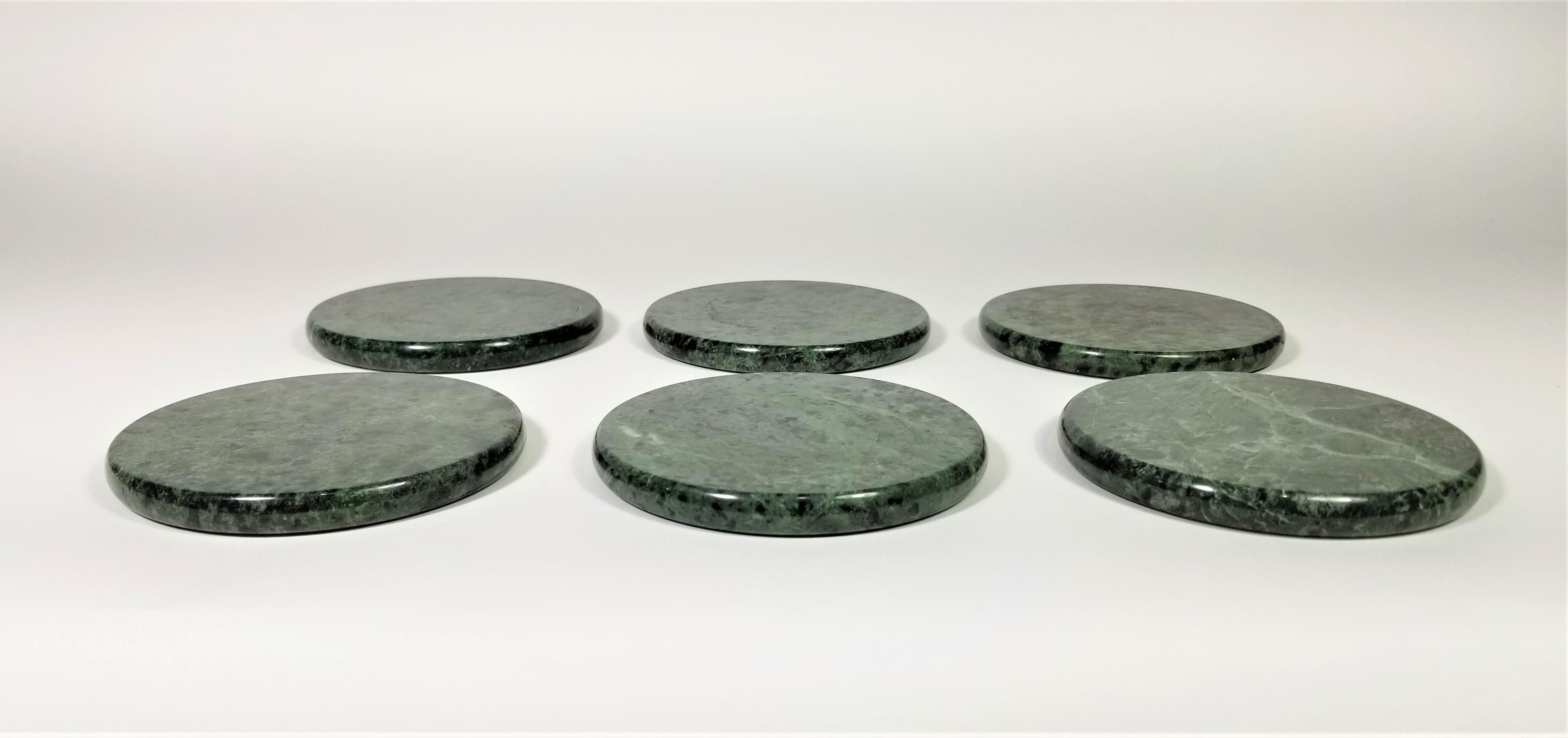 20th Century Green Marble Coasters with Chrome Holder Midcentury Set of 6
