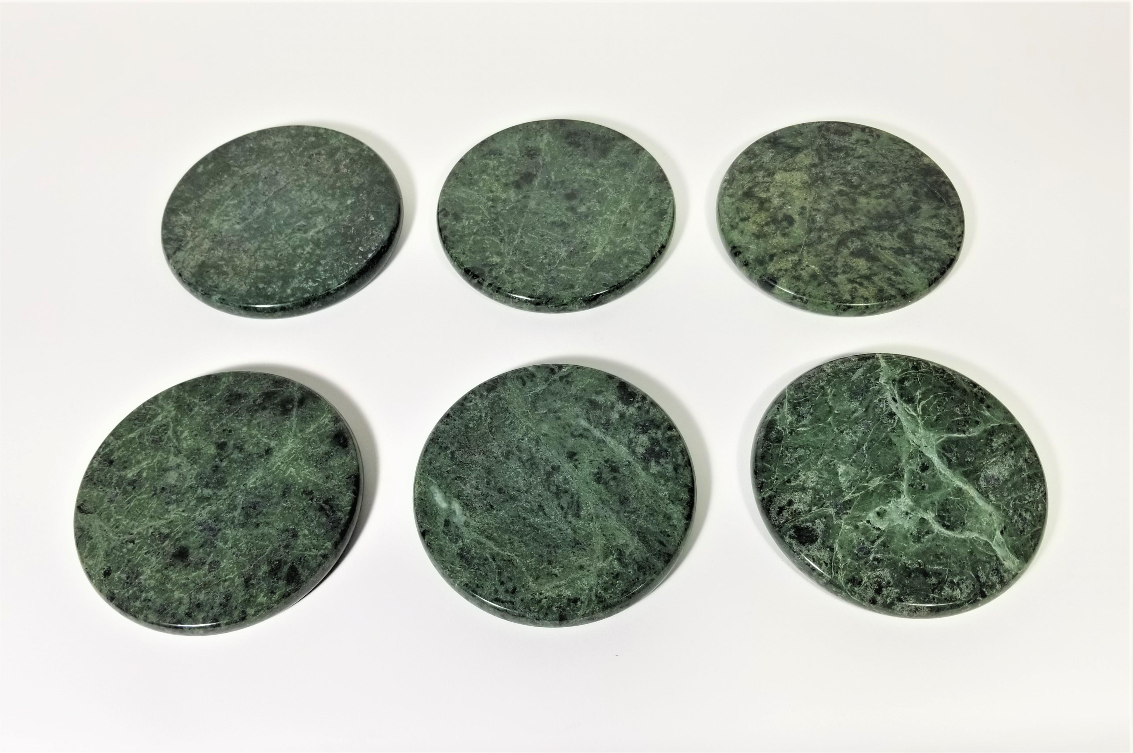 Green Marble Coasters with Chrome Holder Midcentury Set of 6 1