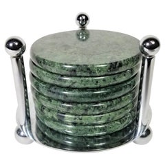 Green Marble Coasters with Chrome Holder Midcentury Set of 6