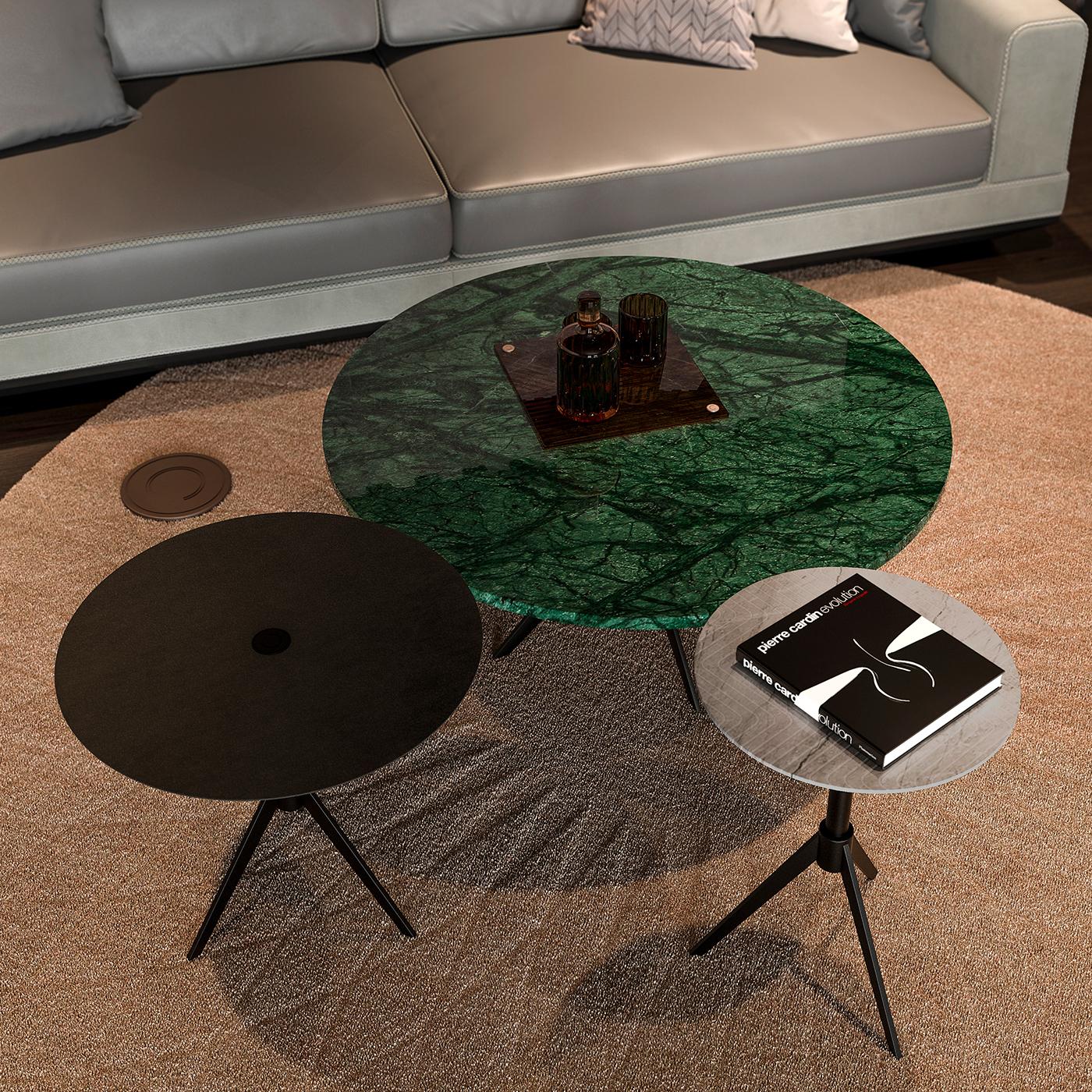 Stylish and bold in character, this coffee table features a color and design that is reminiscent of a lush, dark forest. The metal base is black, while the marble top is an elegant dark green with black veins, perfect for any contemporary style