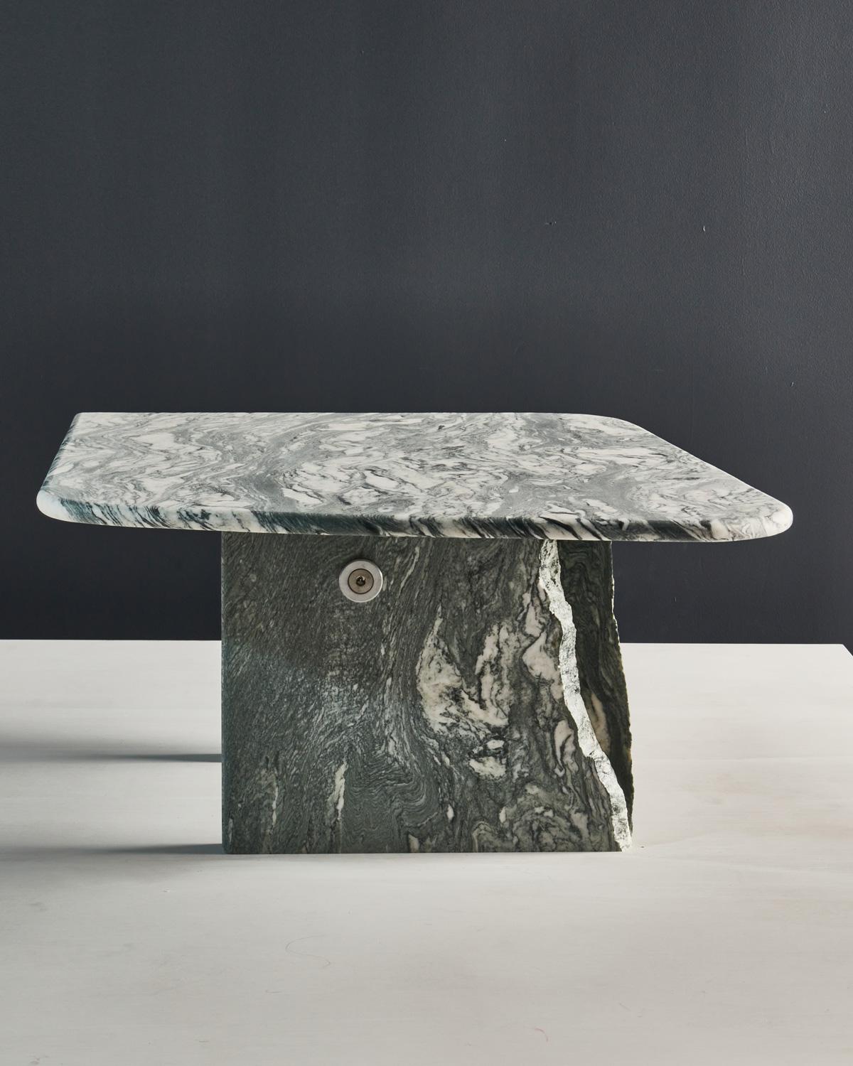Green Marble Coffee Table with Brushed Aluminum or Brass Hardware by Slash In New Condition For Sale In Brooklyn, NY