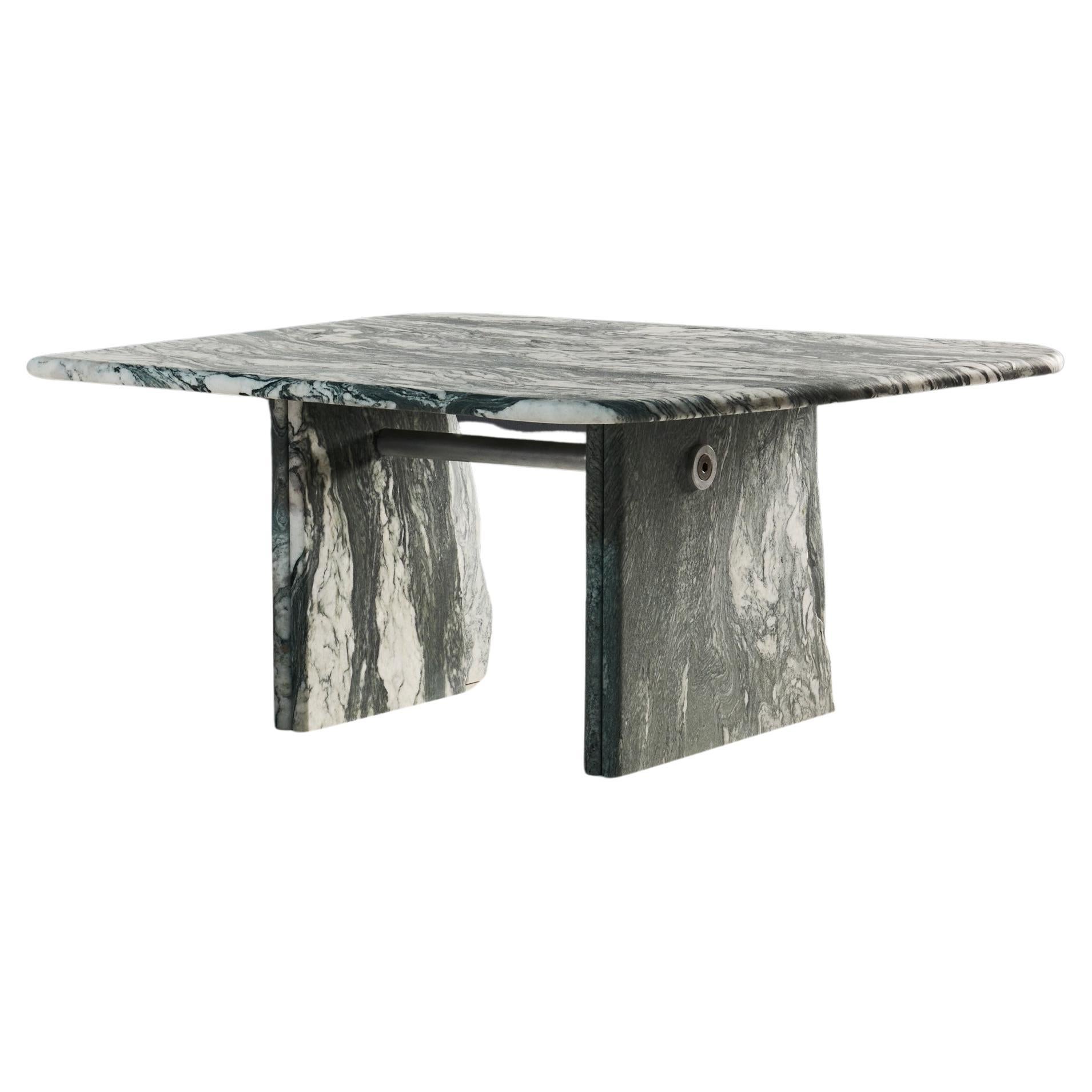 Green Marble Coffee Table with Brushed Aluminum or Brass Hardware by Slash For Sale