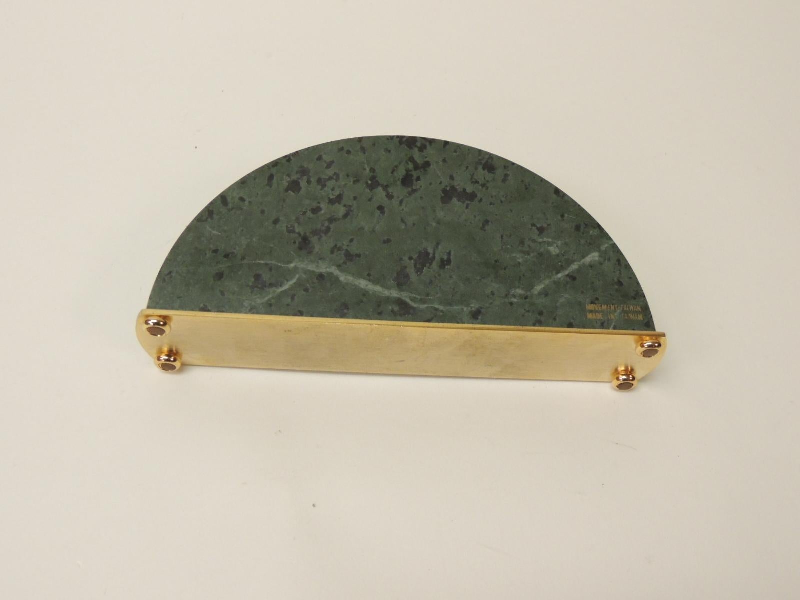 Mid-Century Modern Green Marble Desk Clock with Polished Brass Details