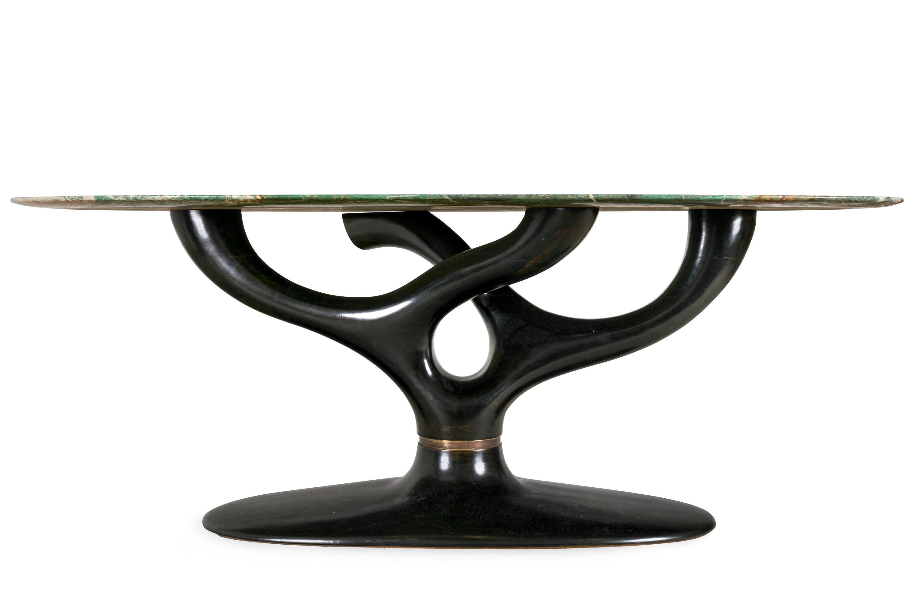 Mid-Century Modern Green Marble Dining/Center Table with Ebonized Base Attributed to Vittorio Dassi