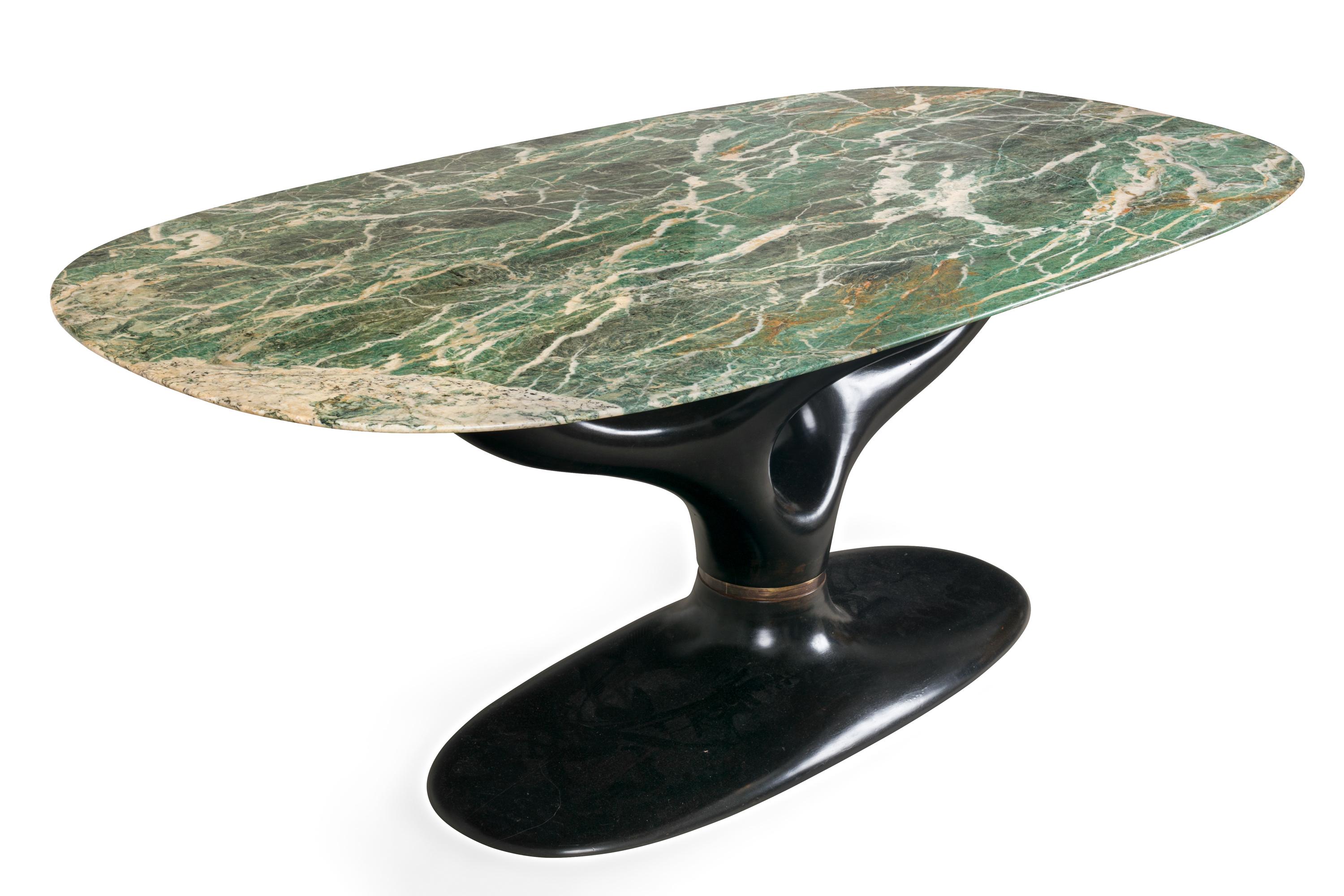 Italian Green Marble Dining/Center Table with Ebonized Base Attributed to Vittorio Dassi