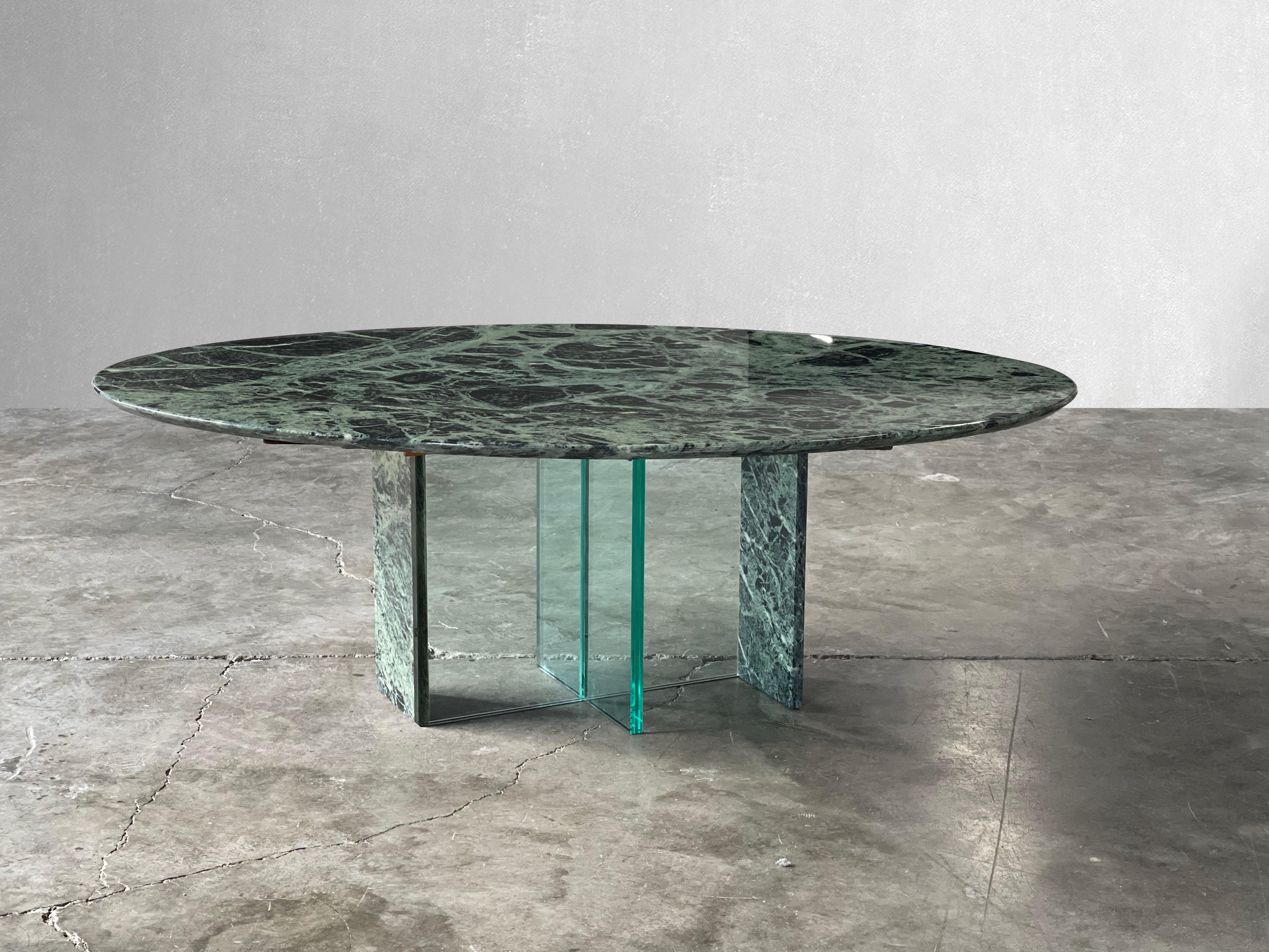 Post-Modern Green Marble Oval Coffee Table with Marble and Glass Base For Sale