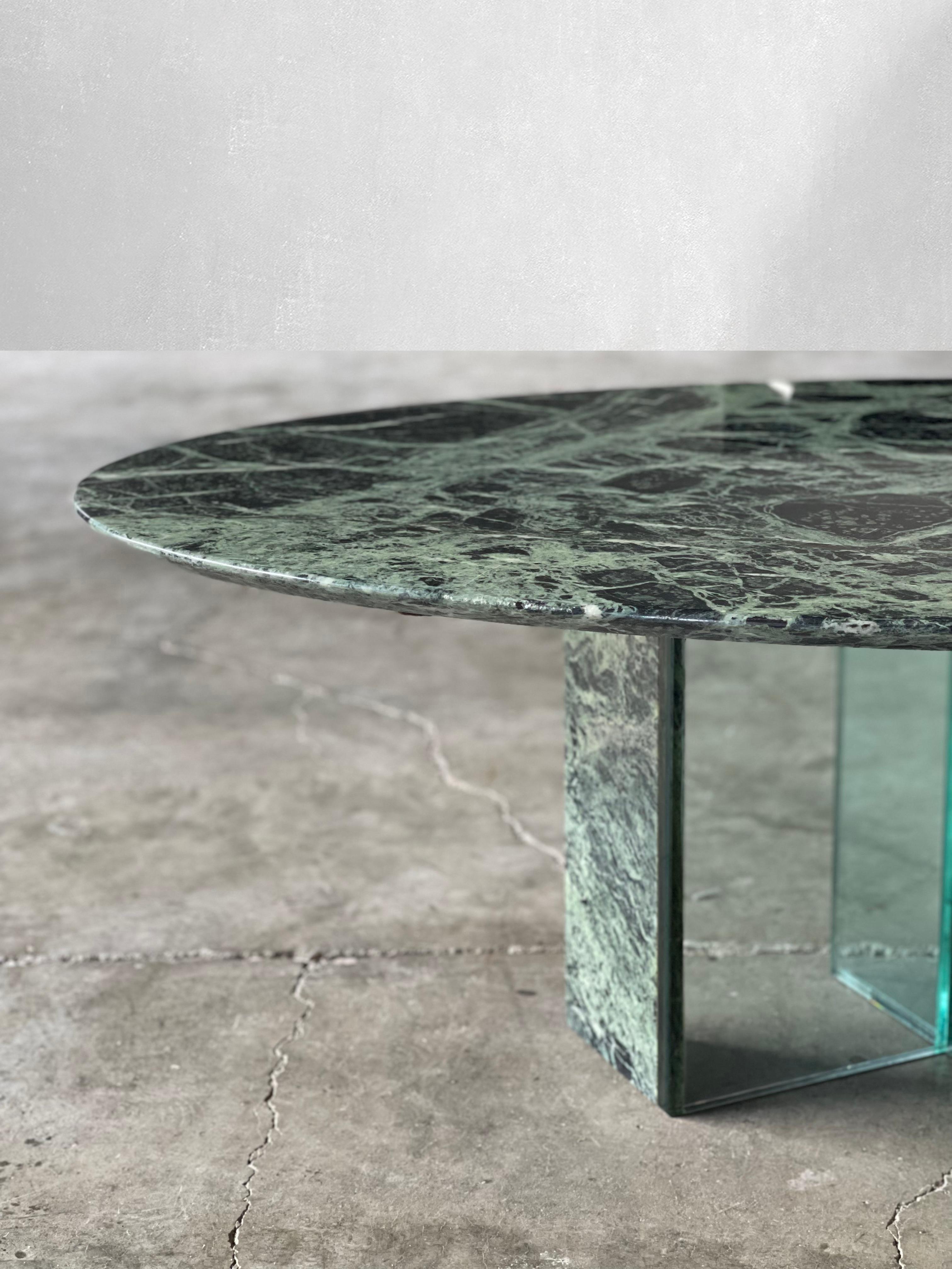 Green Marble Oval Coffee Table with Marble and Glass Base In Good Condition For Sale In St Louis Park, MN