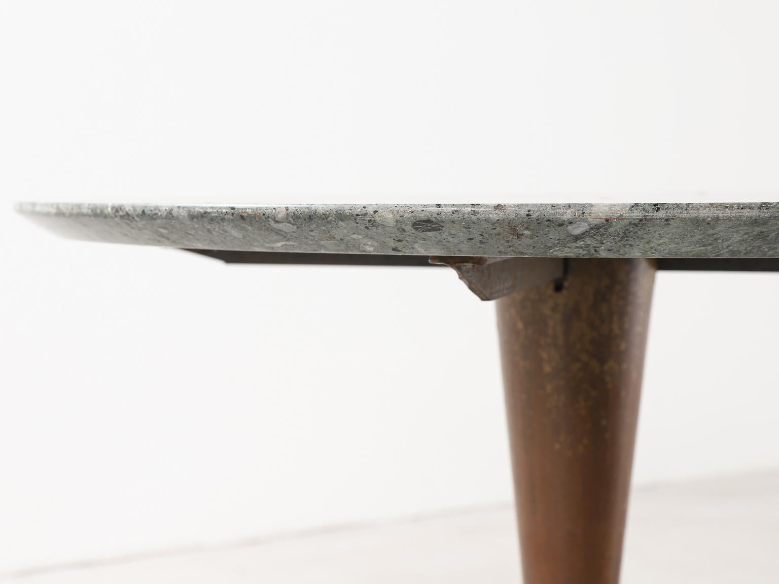 Green Marble Table, Brass Feet and Wood Stem Attributed to Melchiorre Bega 1950s 5
