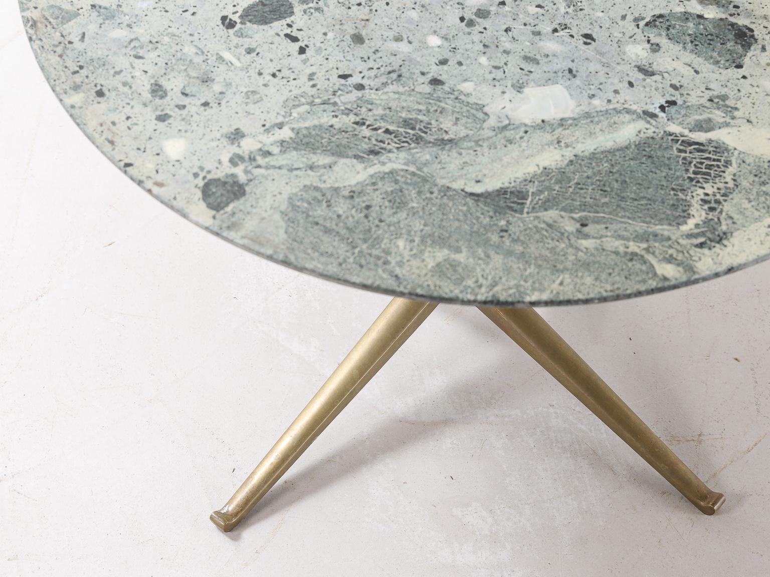 Green Marble Table, Brass Feet and Wood Stem Attributed to Melchiorre Bega 1950s In Good Condition In London, Charterhouse Square