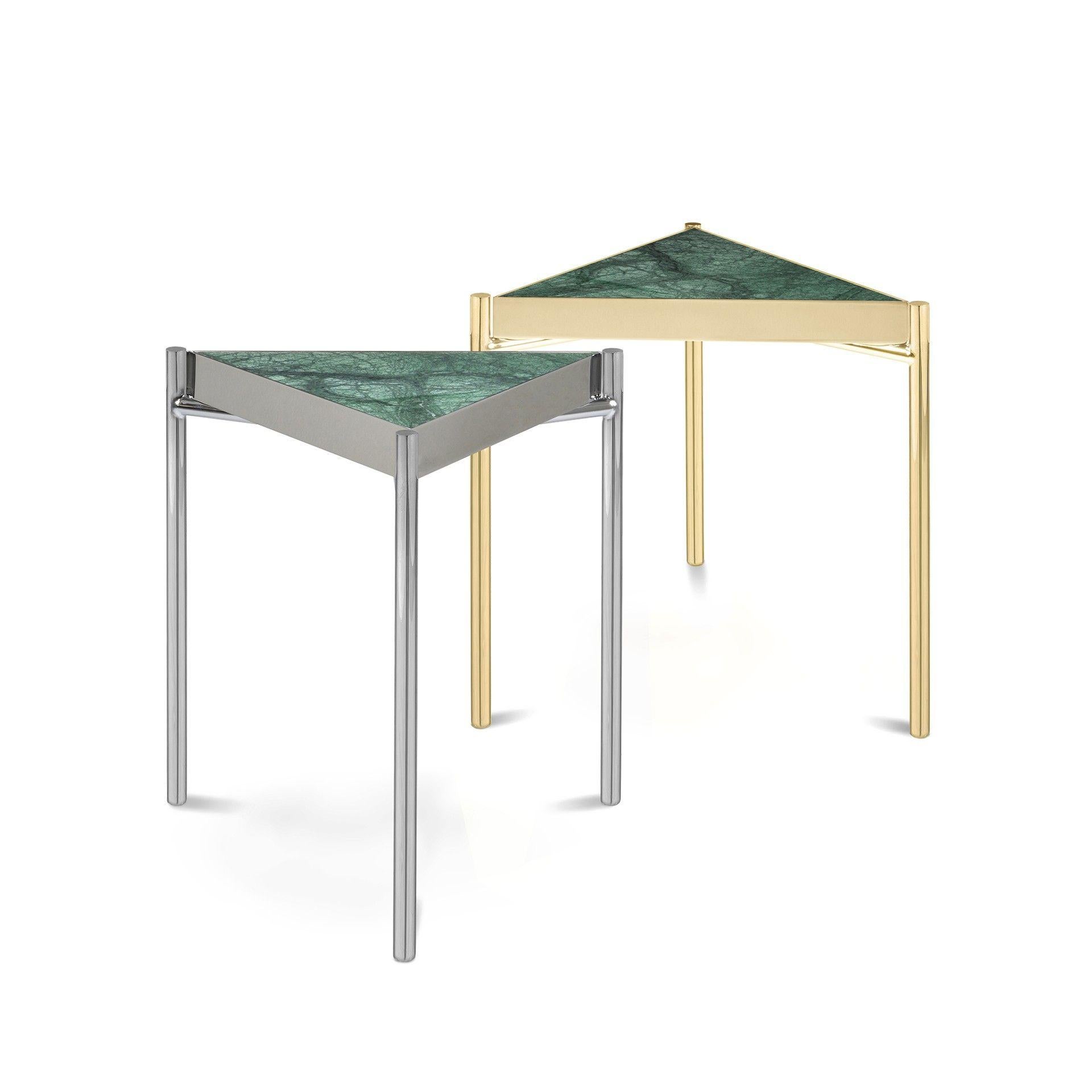 This simple, elegant,  geometrically shaped table is inspired by the work of the artist Kandinsky. 
Indian Green Marble top and a full thin titanium Gold base.
It looks like the table top is floating as the structure always gives the feeling of