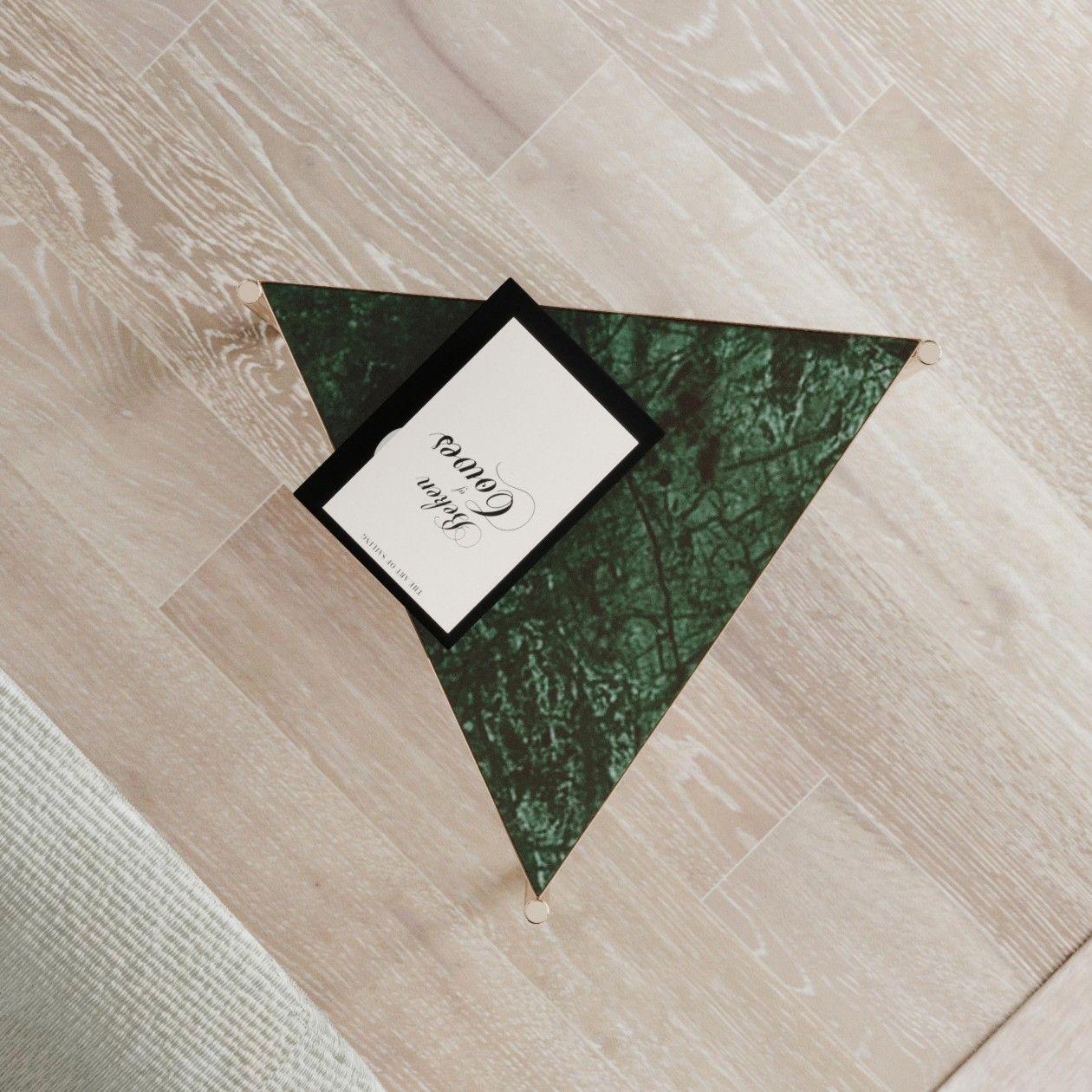 Green Marble Titanium Gold  Triangle Side Table For Sale 3