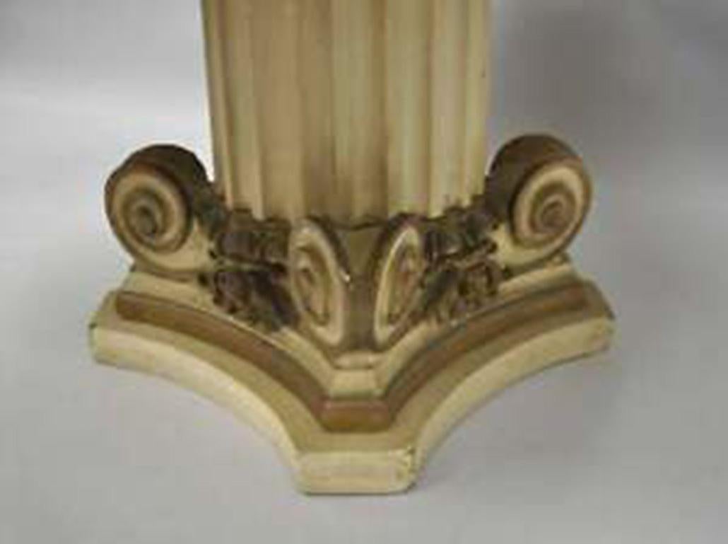 Carved Green Marble Top Fluted Wood Corinthian Column Pedestal Base Round Coffee Table For Sale