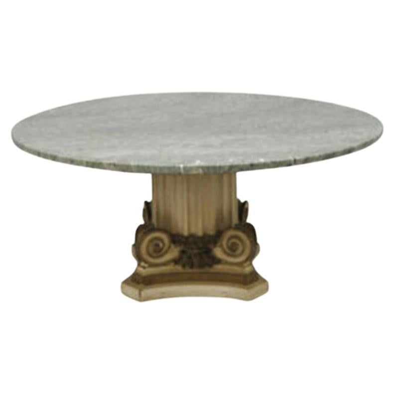Green Marble Top Fluted Wood Corinthian Column Pedestal Base Round Coffee Table For Sale
