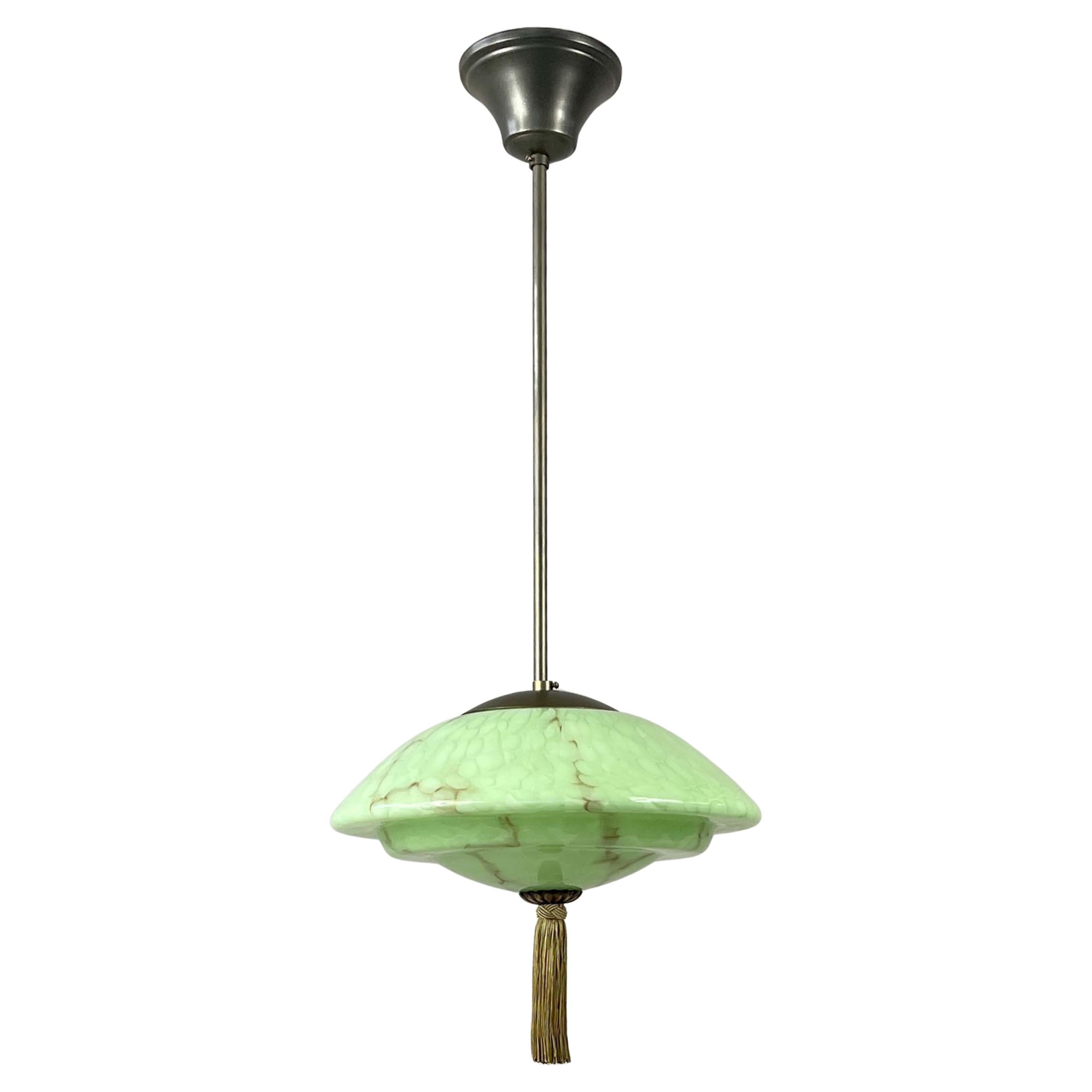Green Marbled Opaline & Burnished Brass Pendant with Tassel, Germany 1930s