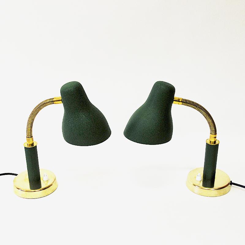 Scandinavian Modern Green Metal and Brass Table -or Wall Lamp Pair from NK, Sweden, 1950s