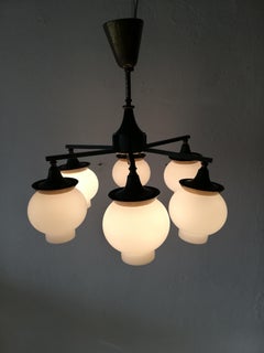 Green Metal and milk glassed chandelier, Scandinavian, 1960s