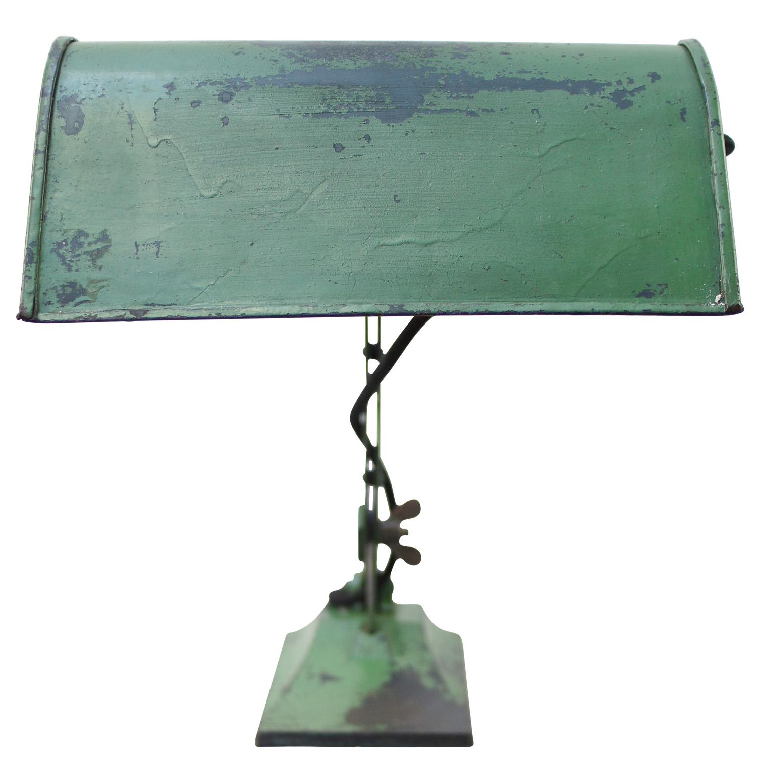 Industrial Green Metal Cast Iron Banker's Table Desk Lamp  For Sale