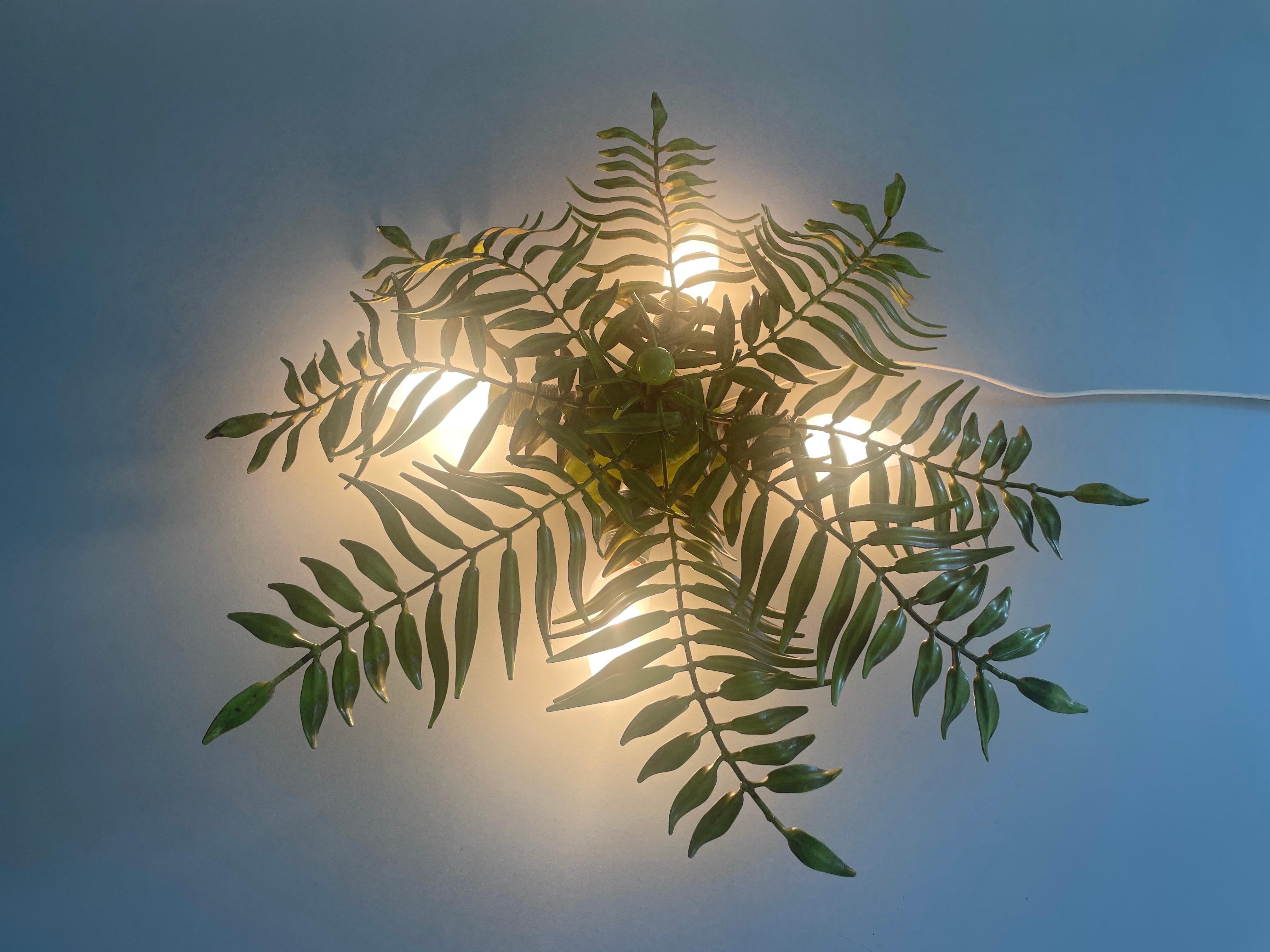 Green Metal Leaf Design Ceiling Lamp Flush Mount, 1960s, Germany For Sale 7