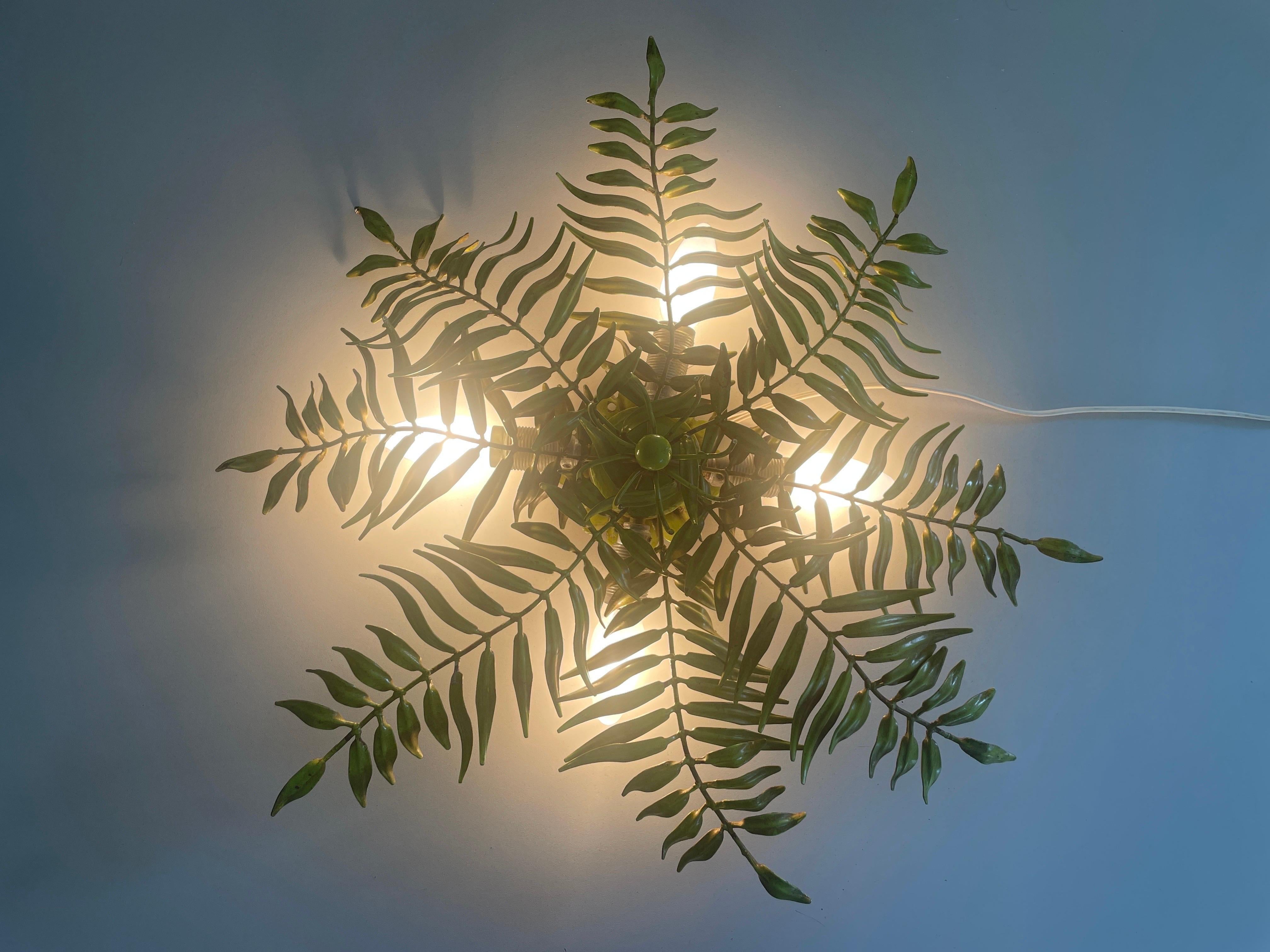 Green Metal Leaf Design Ceiling Lamp Flush Mount, 1960s, Germany For Sale 8