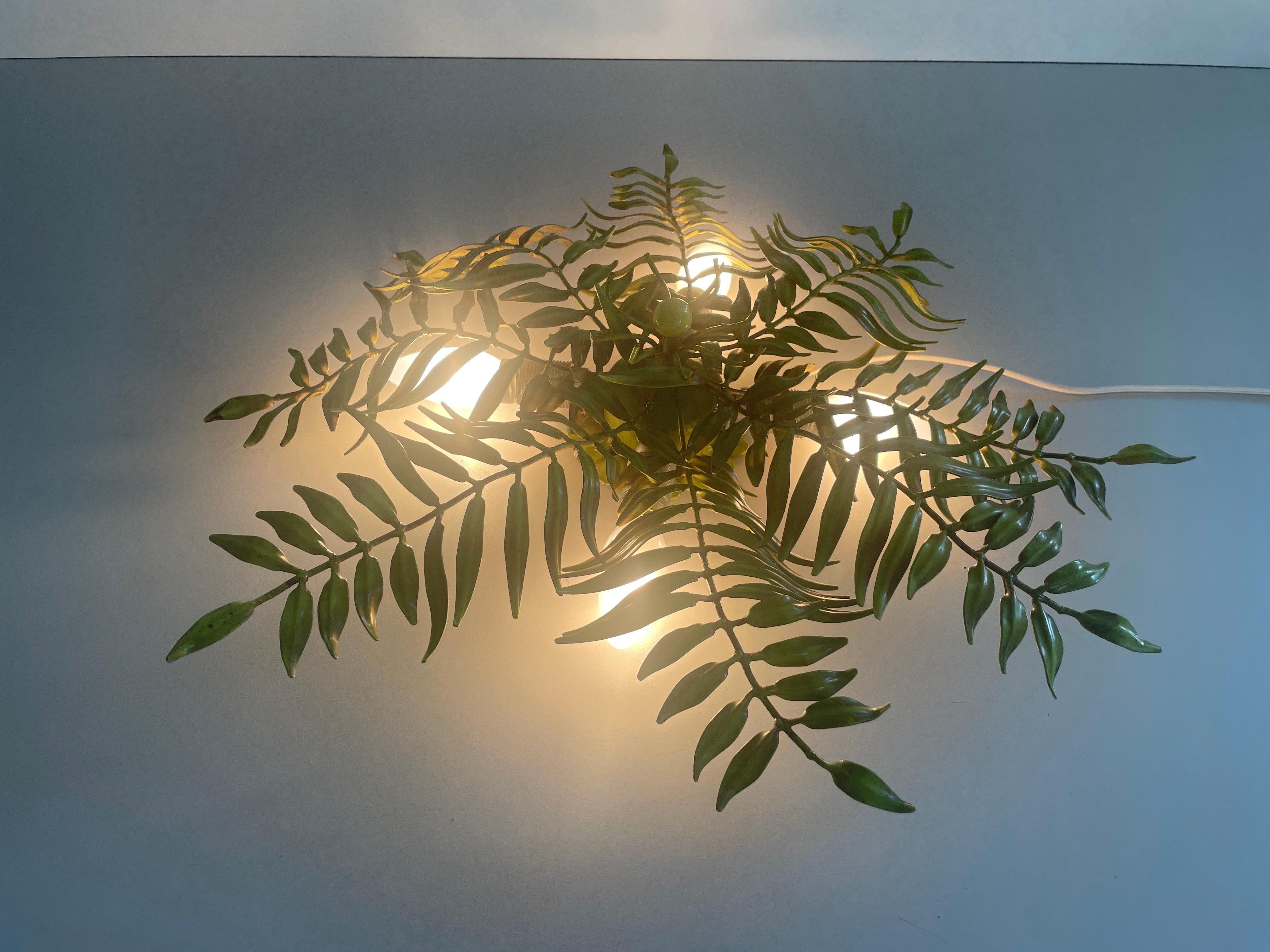 Green Metal Leaf Design Ceiling Lamp Flush Mount, 1960s, Germany For Sale 9