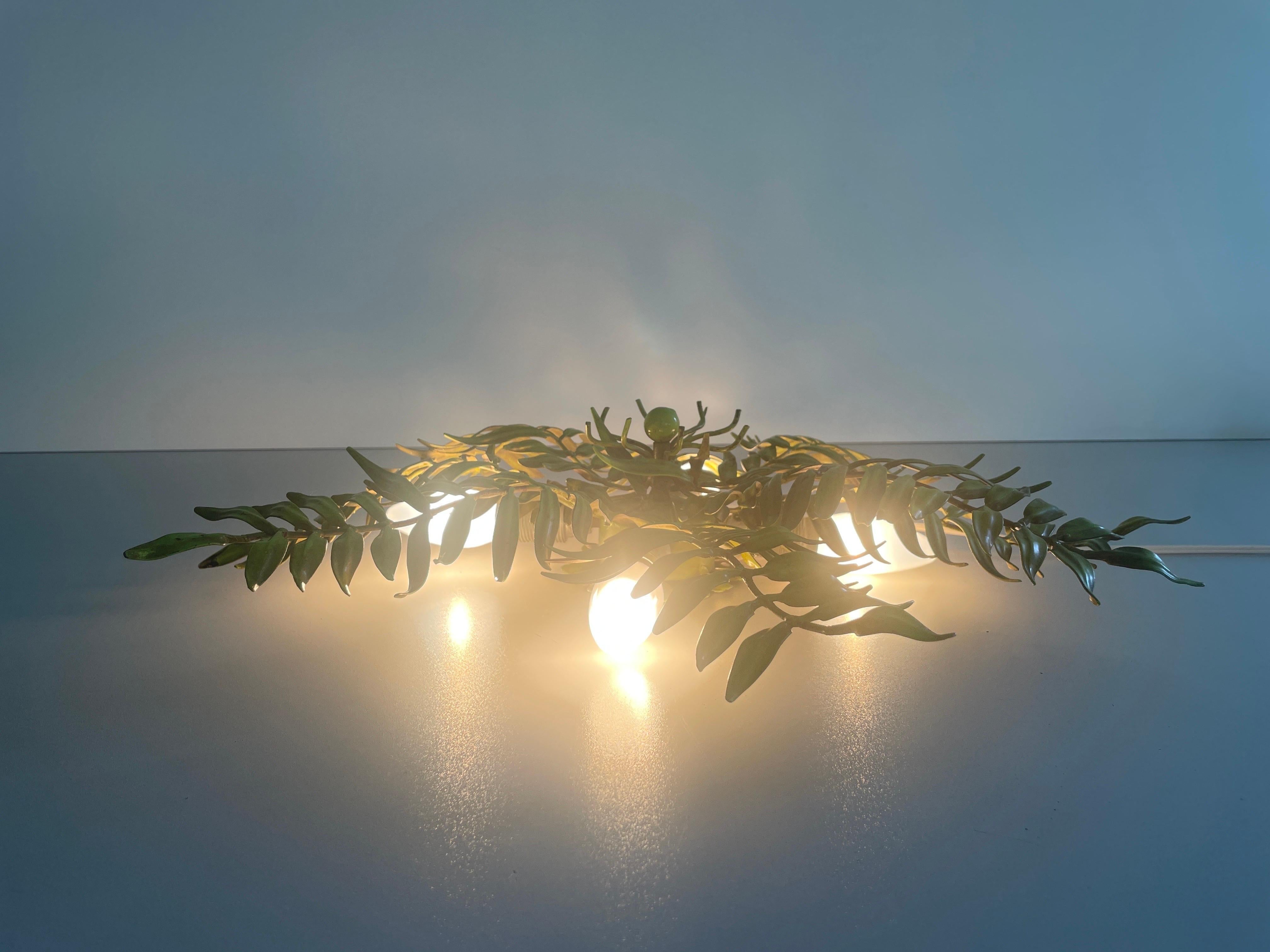 Green Metal Leaf Design Ceiling Lamp Flush Mount, 1960s, Germany For Sale 11