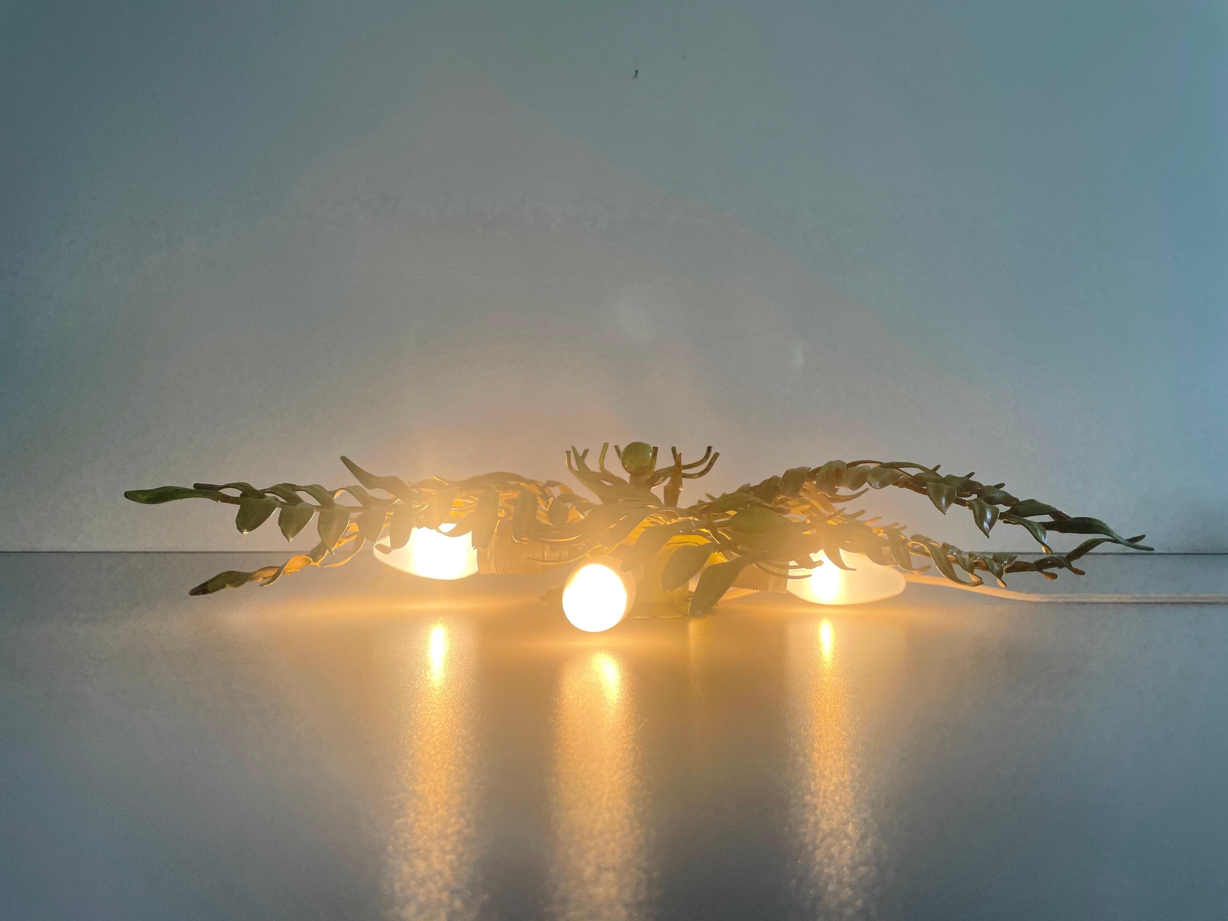 Green Metal Leaf Design Ceiling Lamp Flush Mount, 1960s, Germany For Sale 12