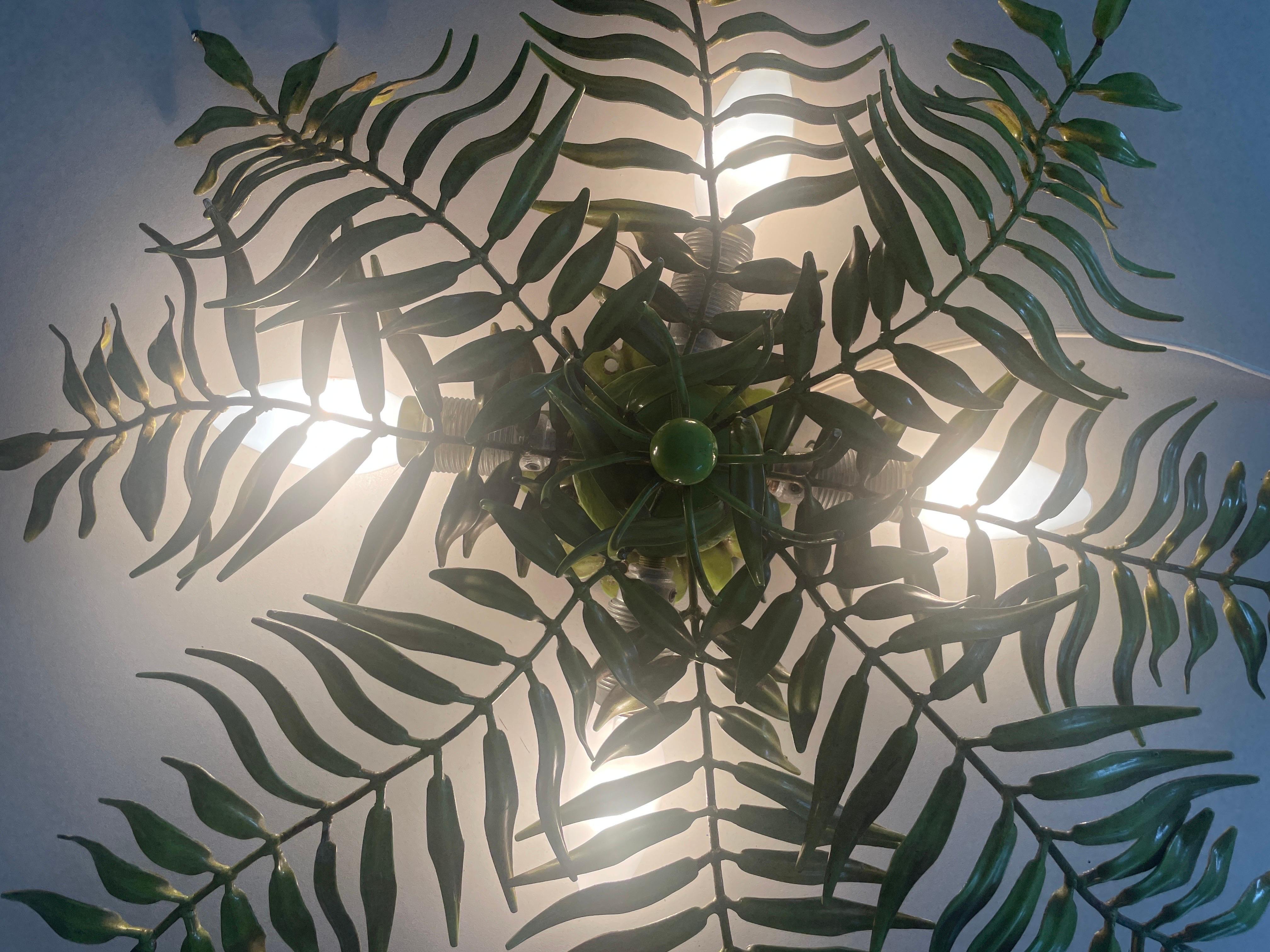 Green Metal Leaf Design Ceiling Lamp Flush Mount, 1960s, Germany For Sale 13