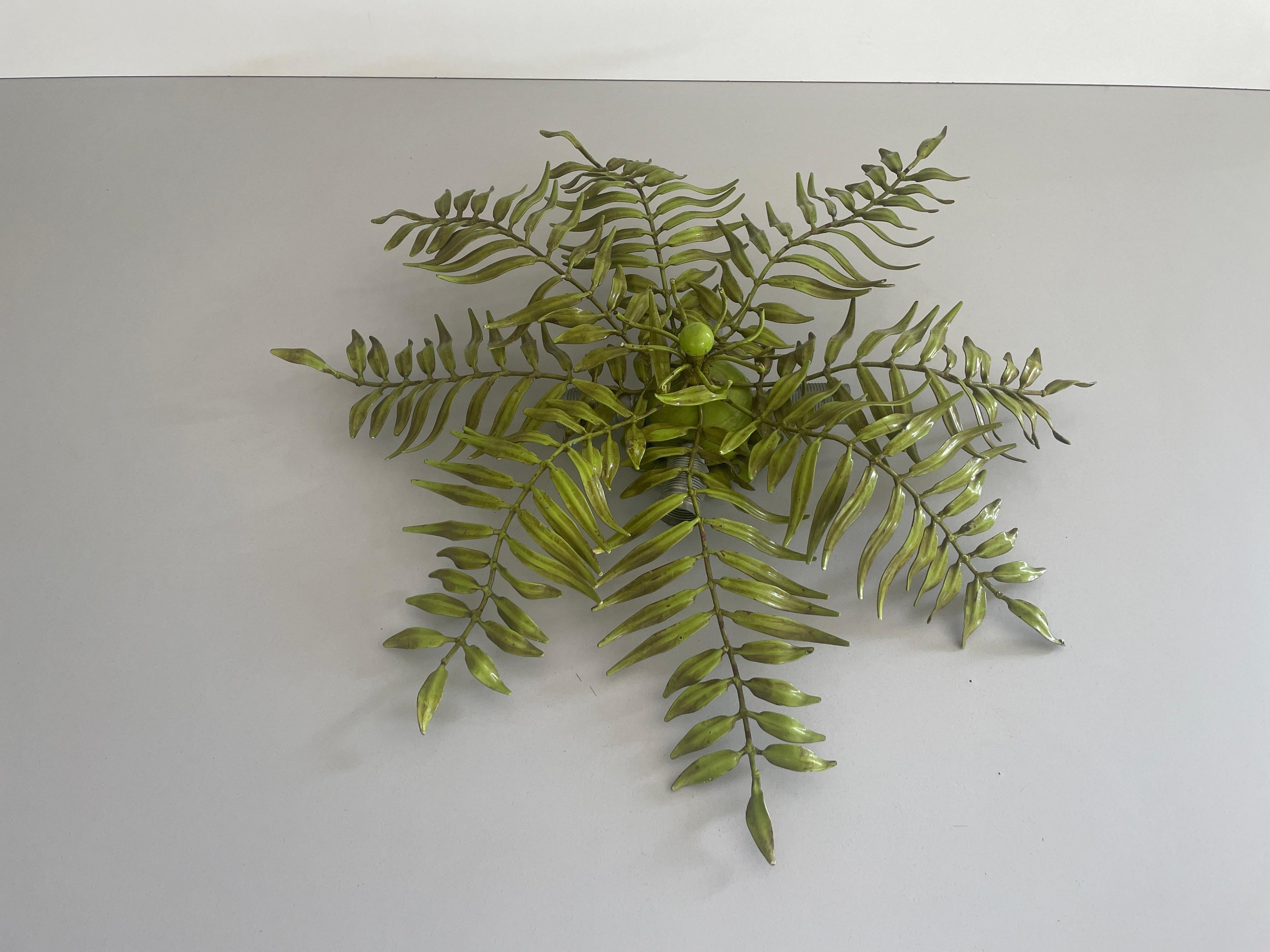 Mid-Century Modern Green Metal Leaf Design Ceiling Lamp Flush Mount, 1960s, Germany For Sale