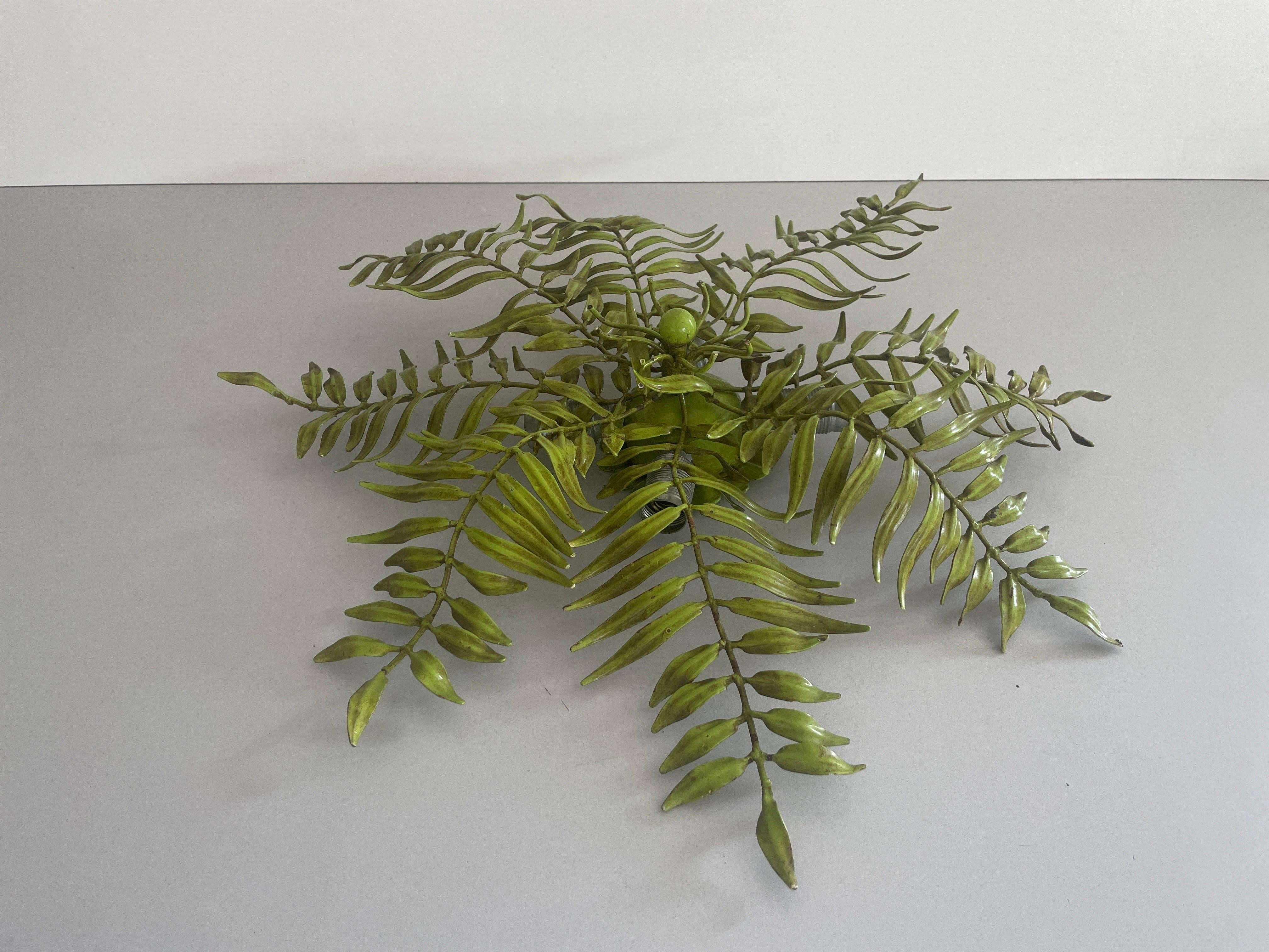 Green Metal Leaf Design Ceiling Lamp Flush Mount, 1960s, Germany In Excellent Condition For Sale In Hagenbach, DE