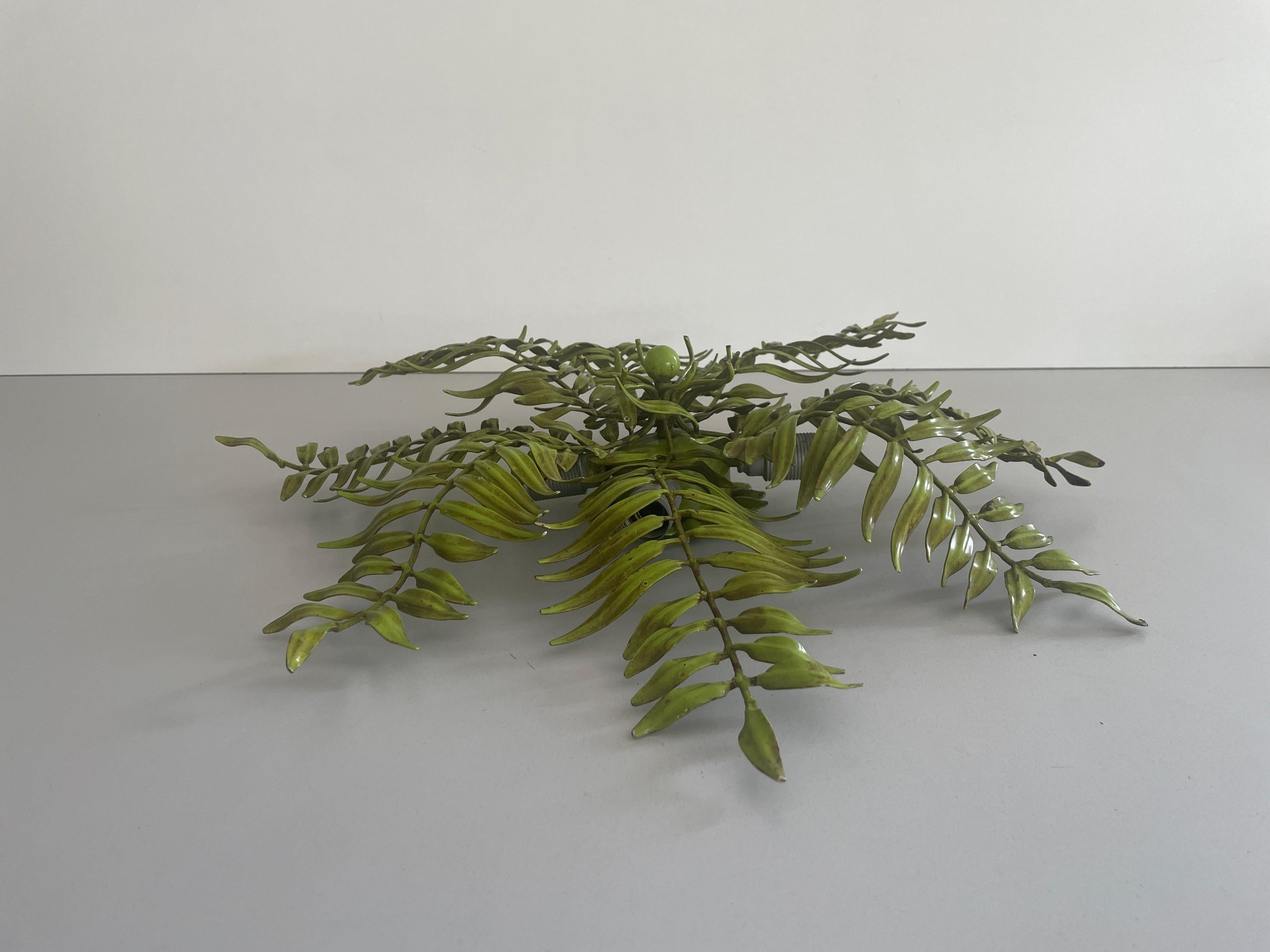 Mid-20th Century Green Metal Leaf Design Ceiling Lamp Flush Mount, 1960s, Germany For Sale