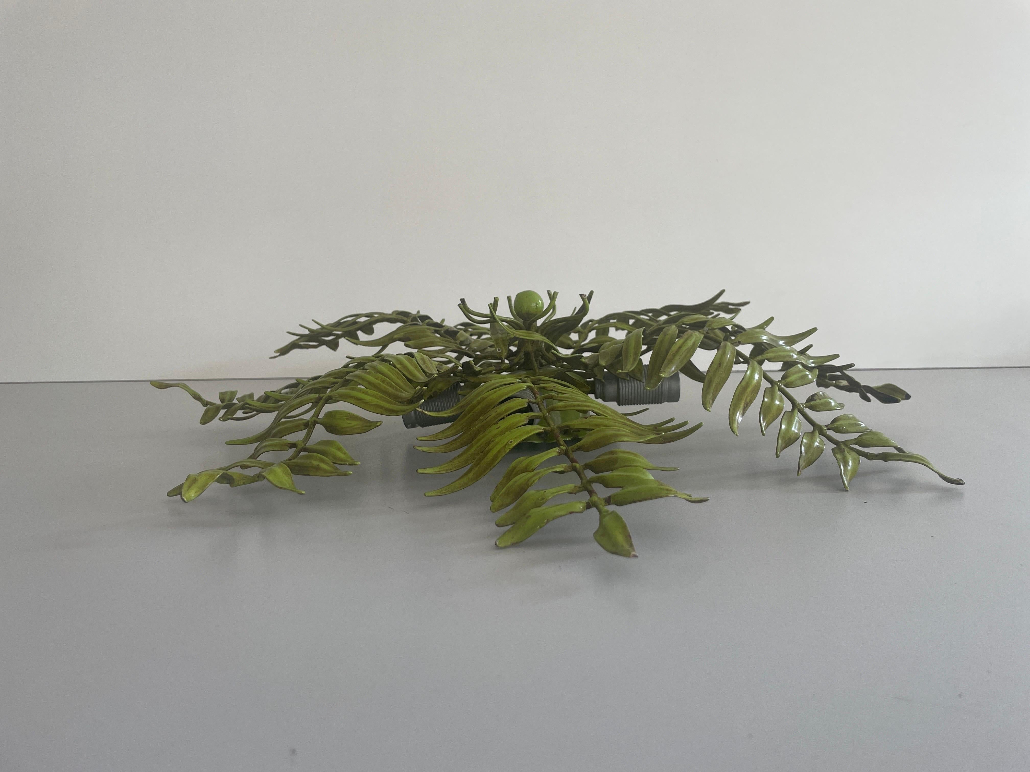 Green Metal Leaf Design Ceiling Lamp Flush Mount, 1960s, Germany For Sale 1