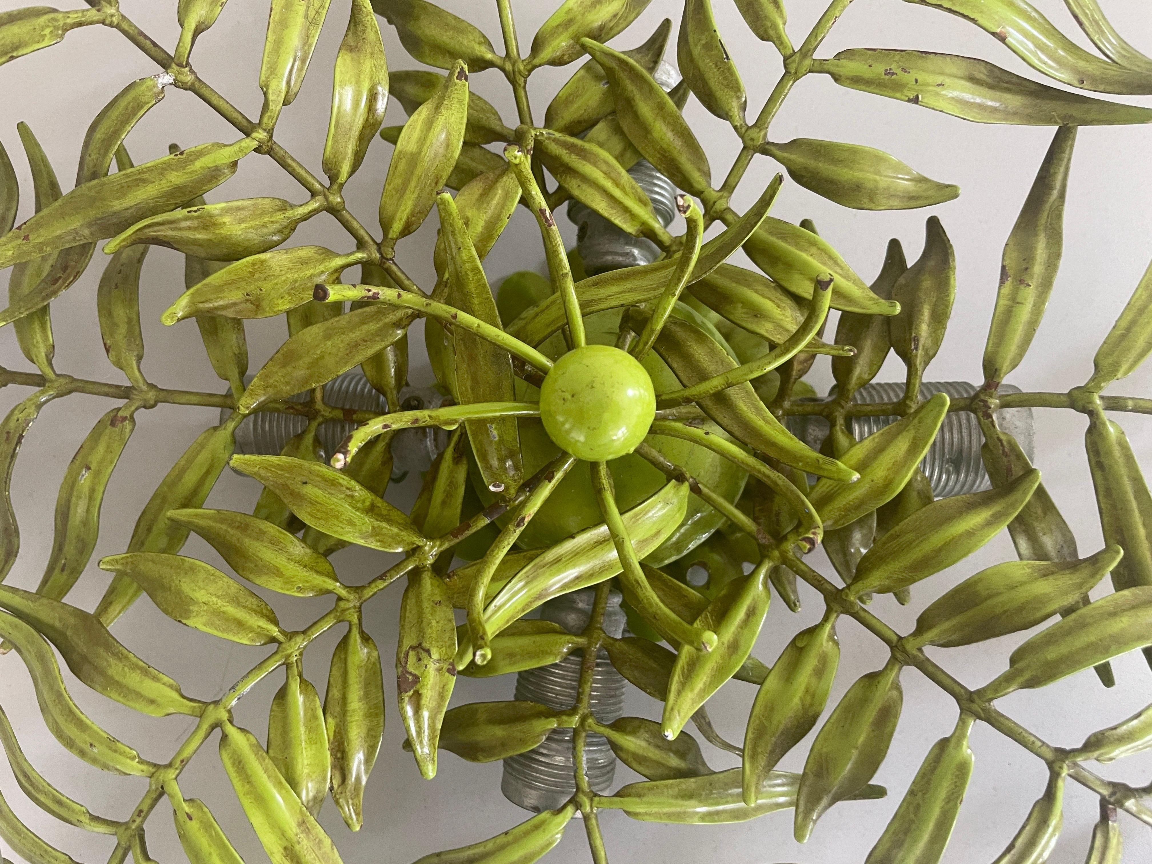 Green Metal Leaf Design Ceiling Lamp Flush Mount, 1960s, Germany For Sale 3