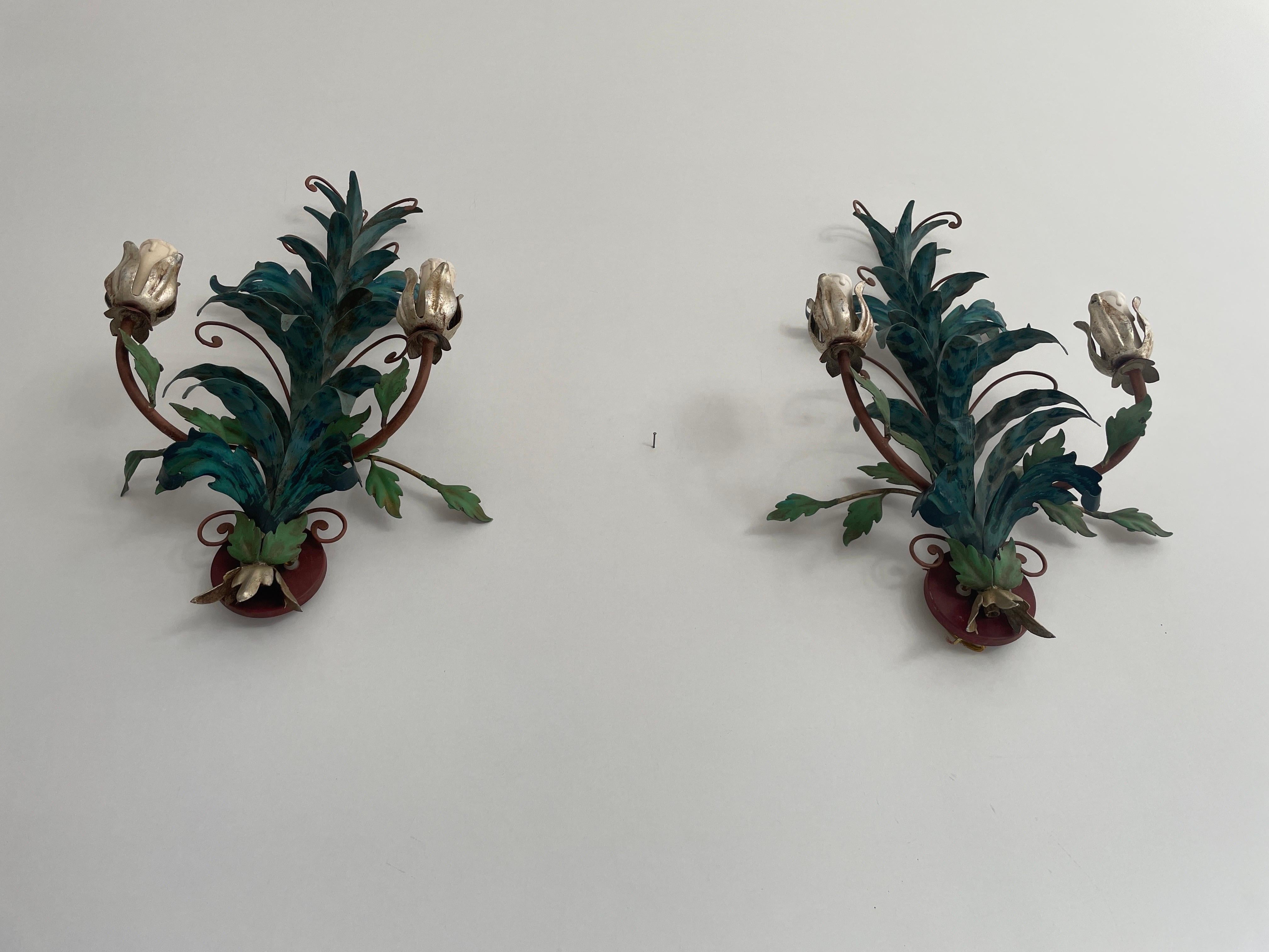 Coppia di appliques Florentine in metallo verde di I.L.A. Scandicci Firenze, anni '60, Italia in vendita 1
