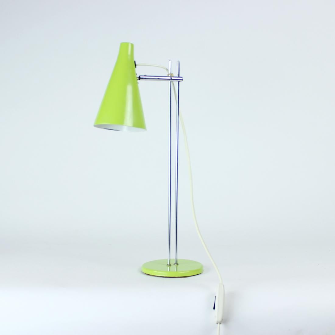 Beautiful table lamp designed by Josef Hurka for Lidokov company in Czechoslovakia in 1960s. Classical midcentury design with simple lines and beautiful details. Made of metal. Lacquered metal in fresh green color on shield and base. The chrome