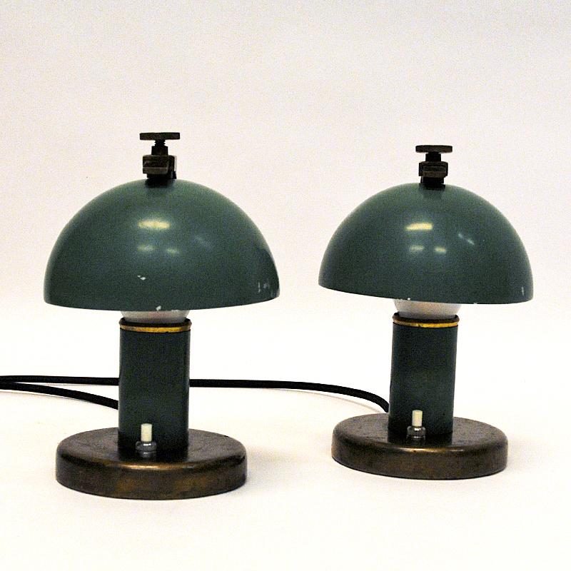 Brass Green Metal Table Lamp Pair by Erik Tidstrand for NK, Sweden, 1930s