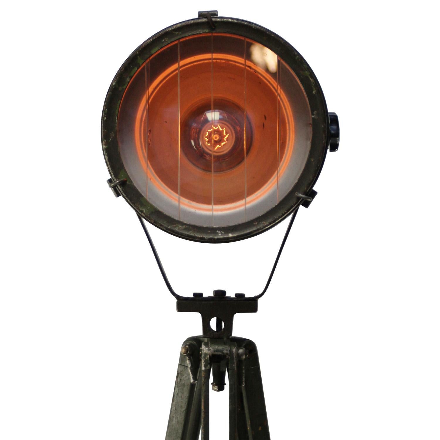 Polish Green Metal Vintage Industrial Clear Glass Wooden Tripod Spot Light Floor Lamp For Sale