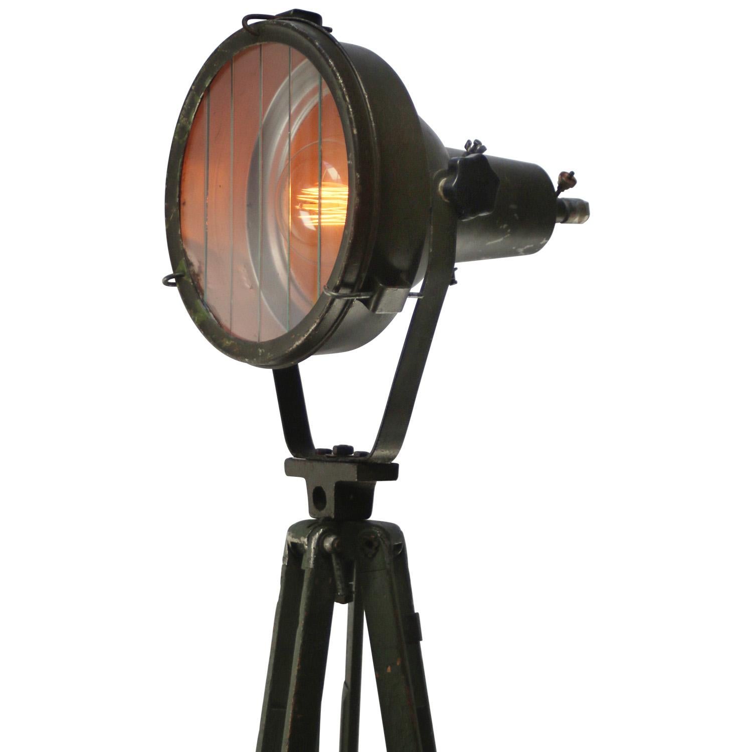 Green Metal Vintage Industrial Clear Glass Wooden Tripod Spot Light Floor Lamp In Good Condition For Sale In Amsterdam, NL