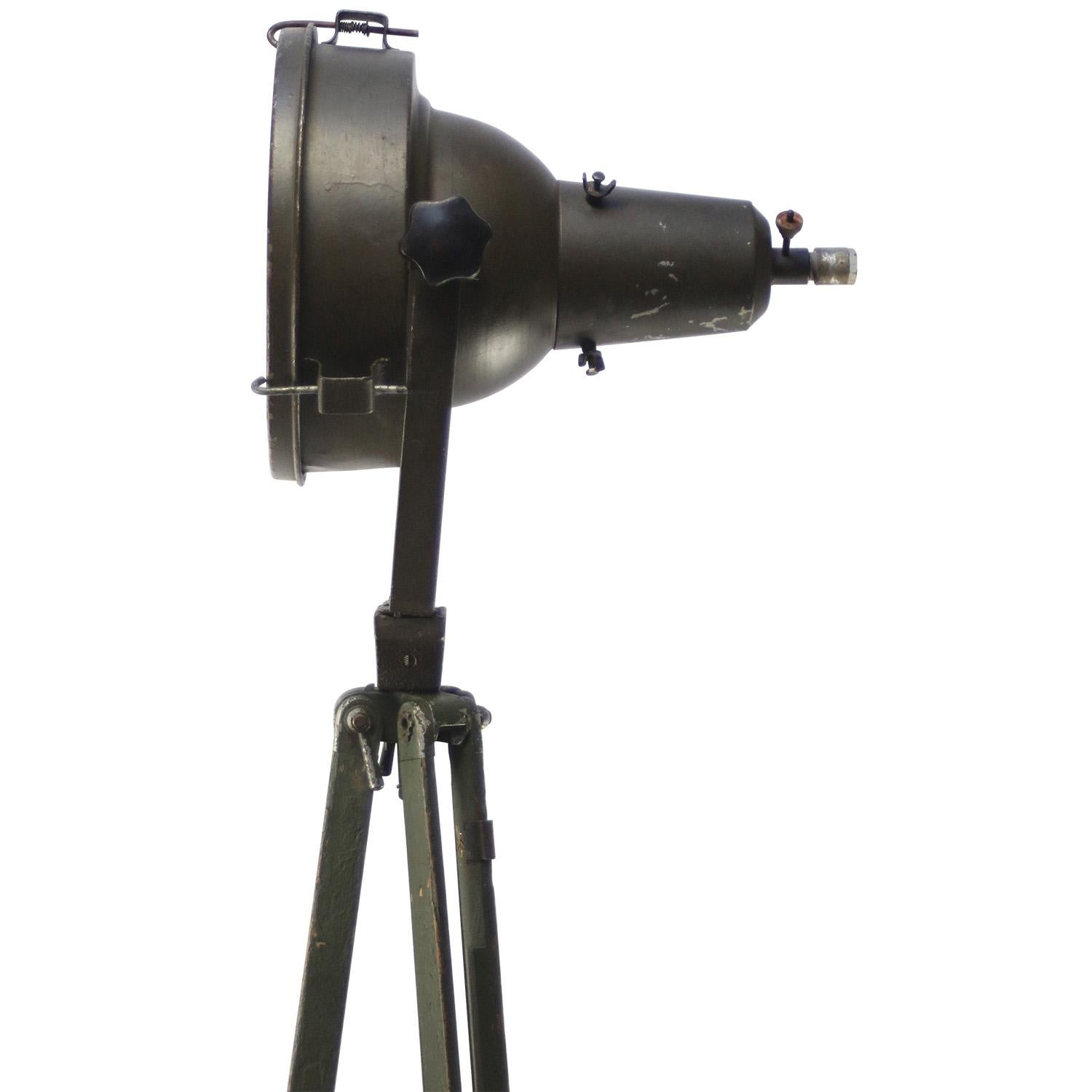 20th Century Green Metal Vintage Industrial Clear Glass Wooden Tripod Spot Light Floor Lamp For Sale