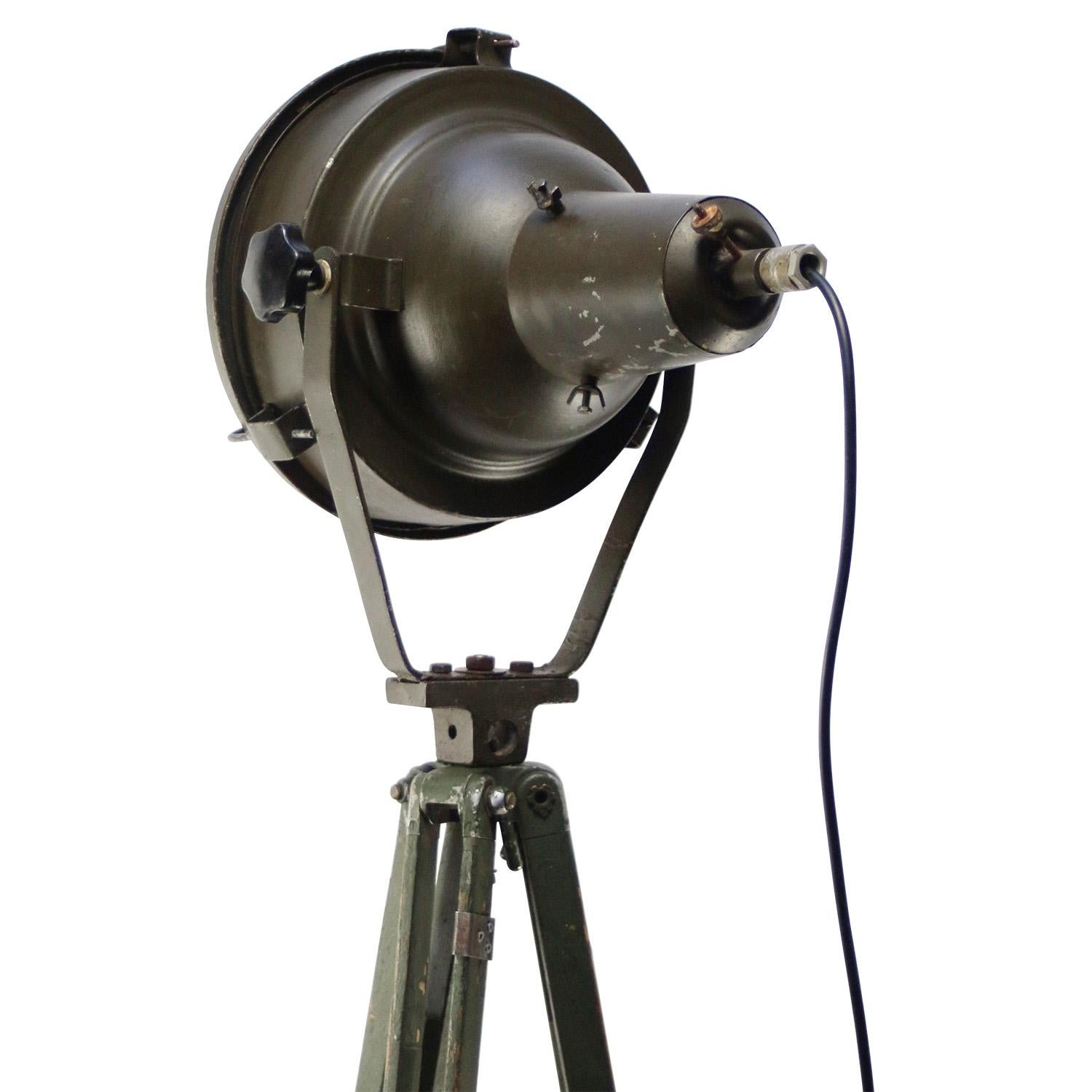 Green Metal Vintage Industrial Clear Glass Wooden Tripod Spot Light Floor Lamp For Sale 1