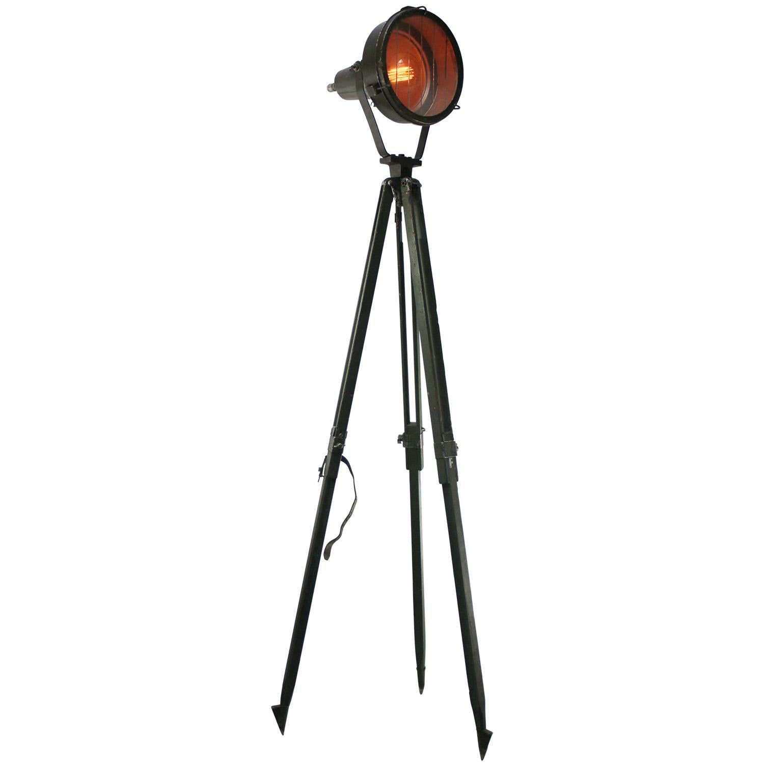 Green Metal Vintage Industrial Clear Glass Wooden Tripod Spot Light Floor Lamp